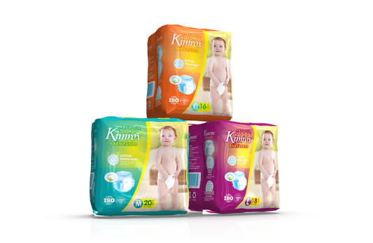 Baby pants multi-pack with teal, purple, and orange diaper packs in front.