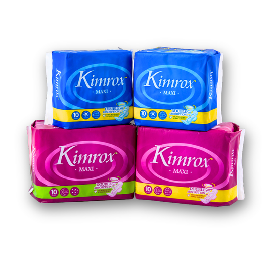 Kimrox Maxi sanitary pad multipack with two blue and two pink packages