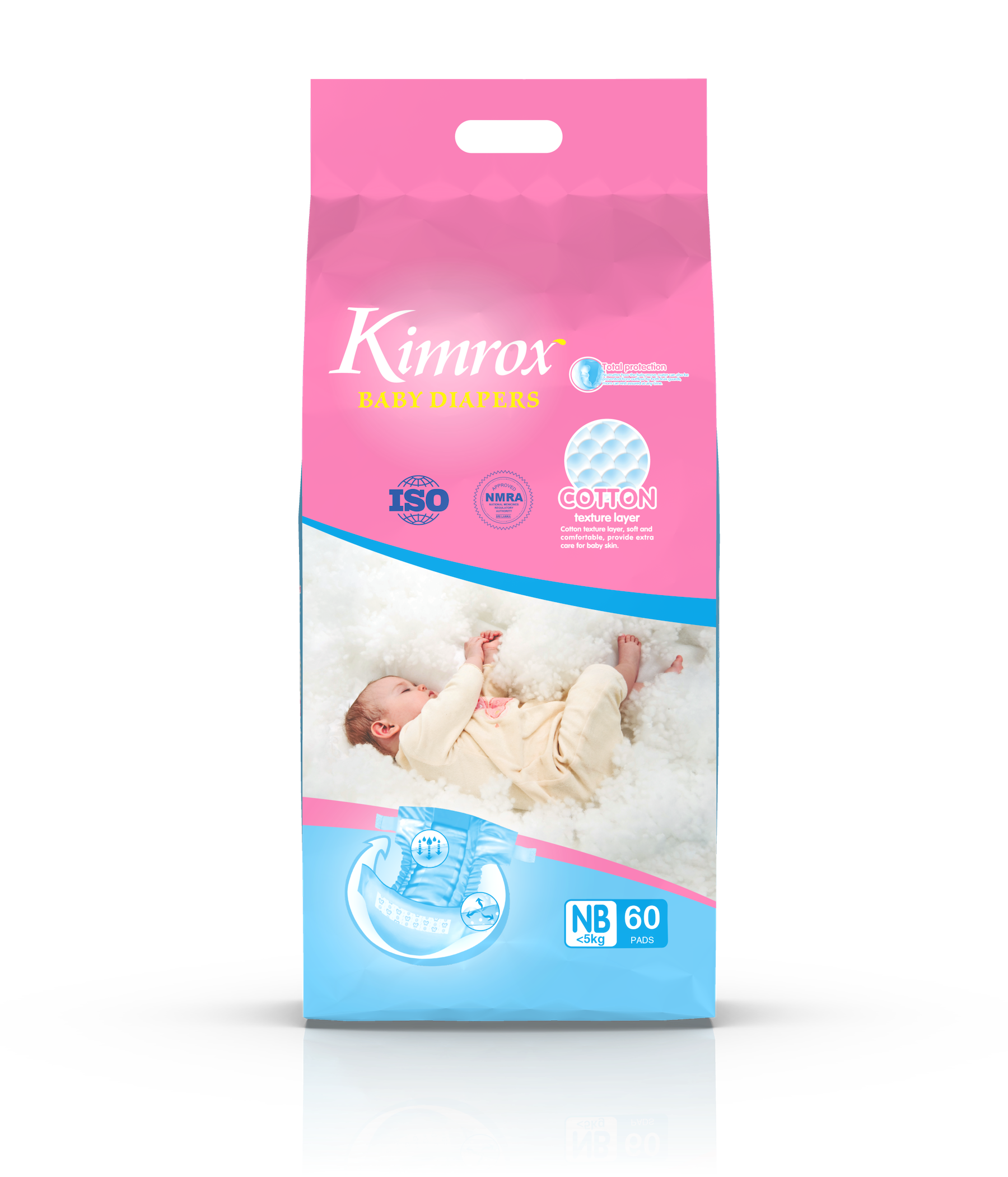 Baby diaper pack, pink and blue, front label shows NB 60 and cotton feature