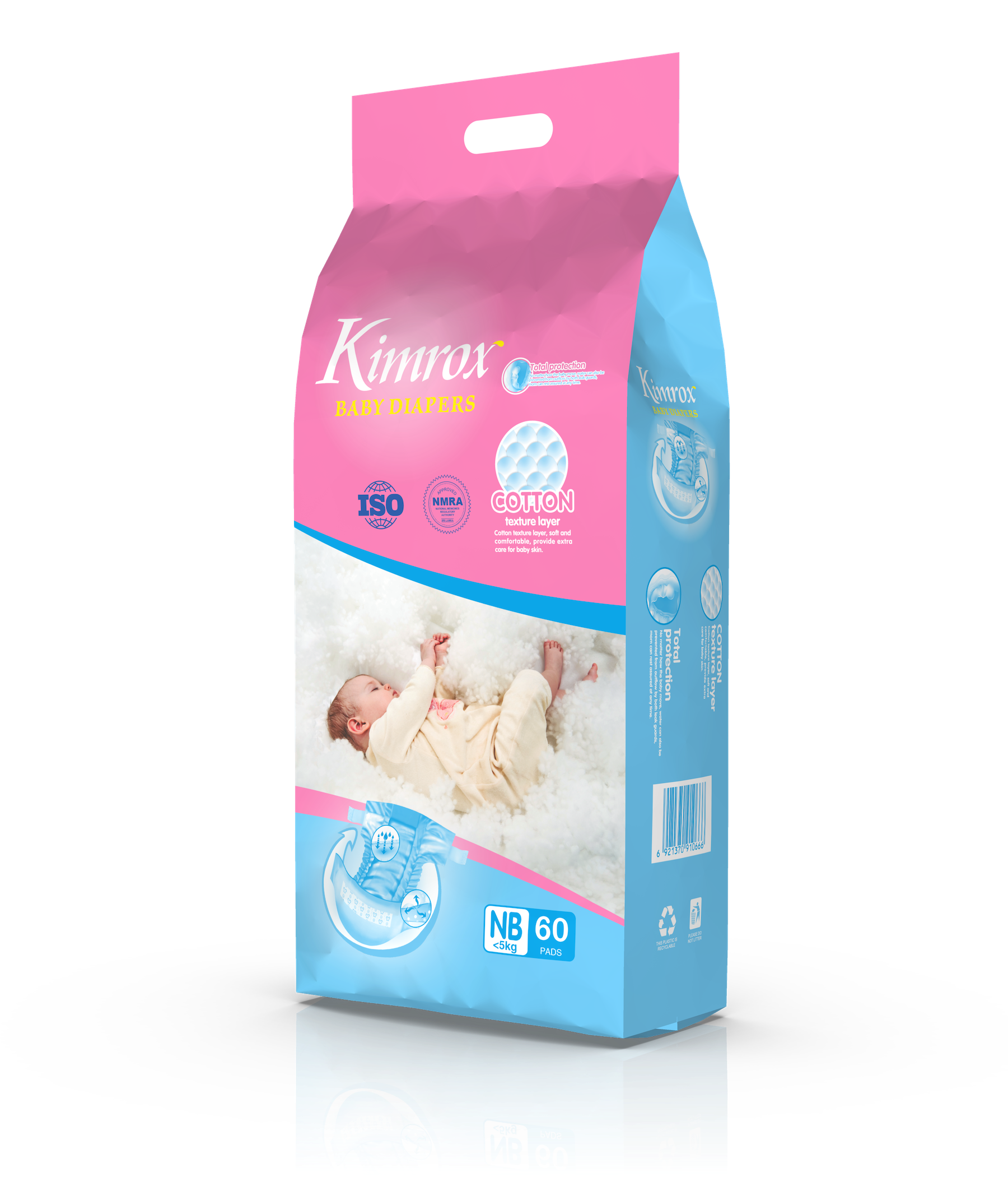 Baby diaper pack, pink and blue, side view with sizing info and NB 60