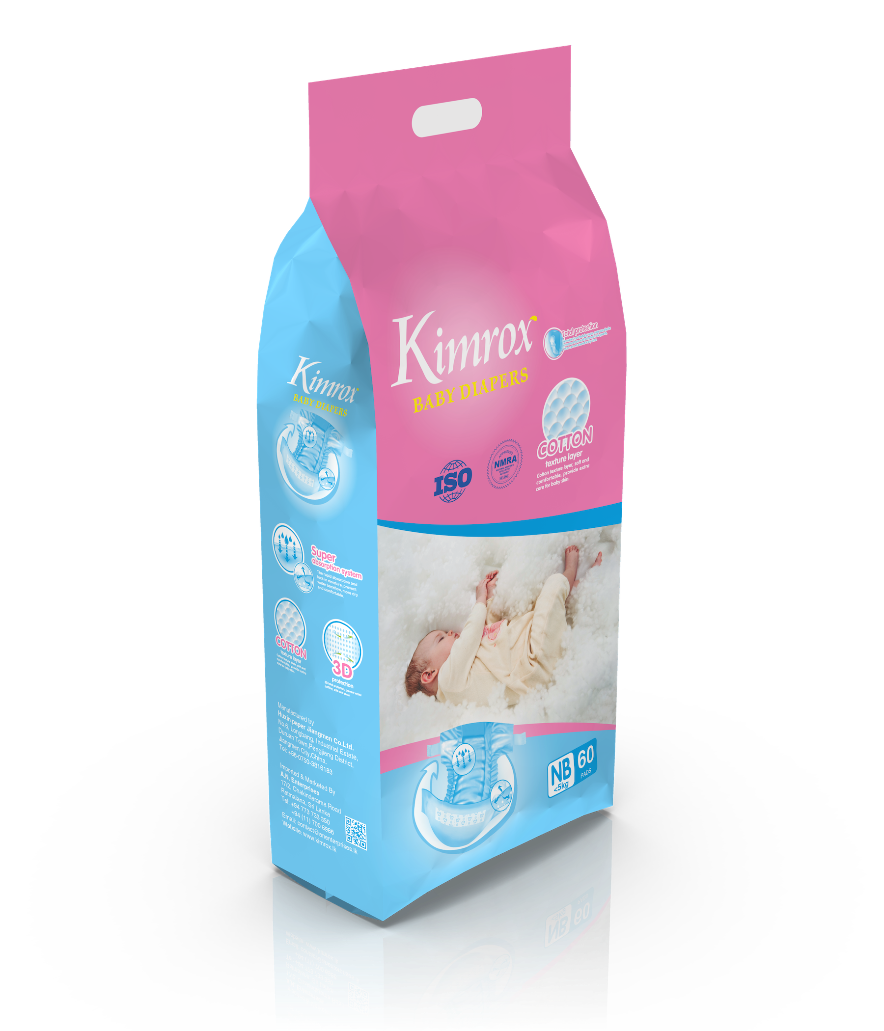 Baby diaper pack, pink and blue, angled view with cotton and ISO badges