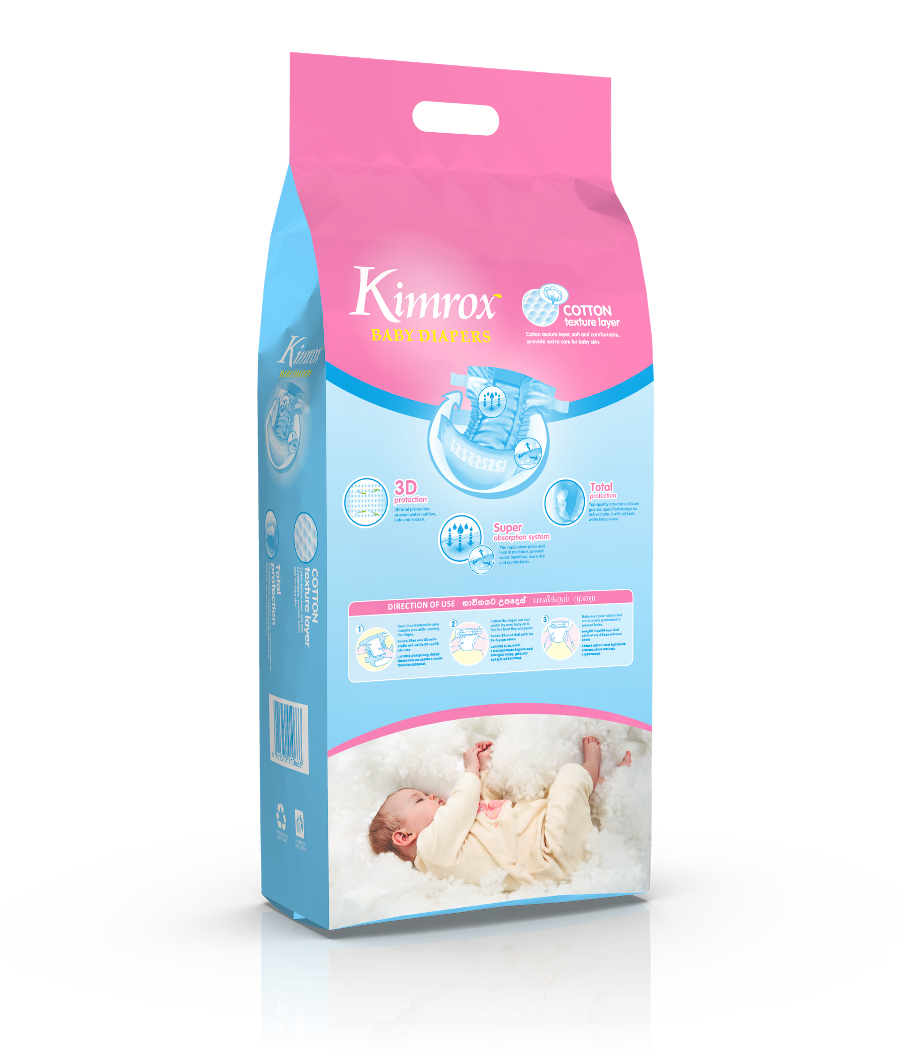 Baby diaper pack, pink and blue, back panel with usage icons and details
