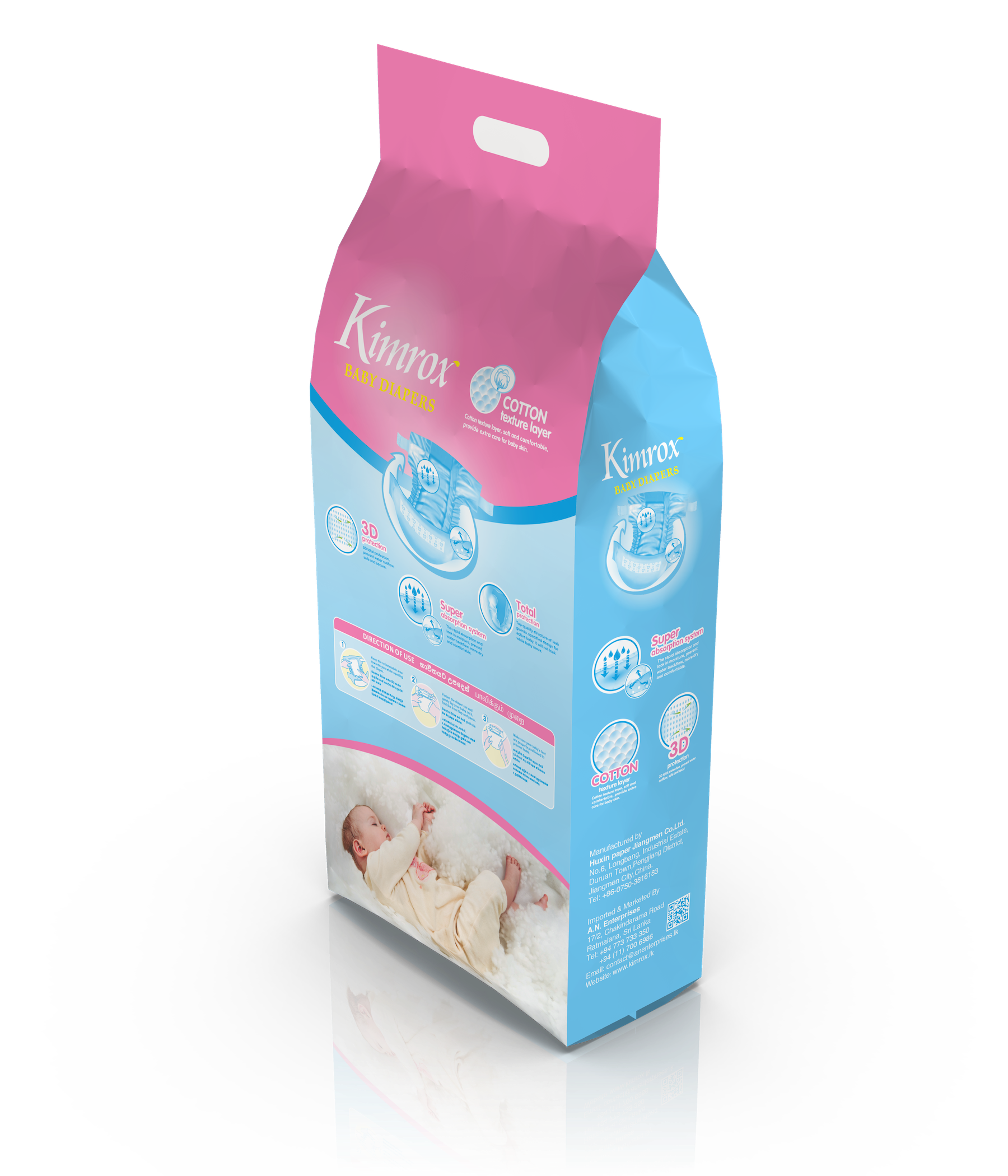 Baby diaper pack, pink and blue, side panel with product information and baby photo