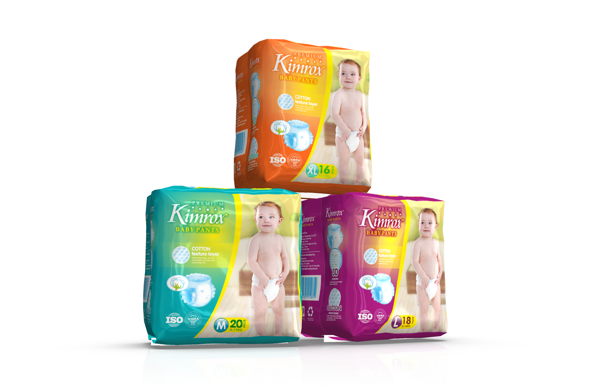Baby pants multi-pack with teal, purple, and orange diaper packs in front.