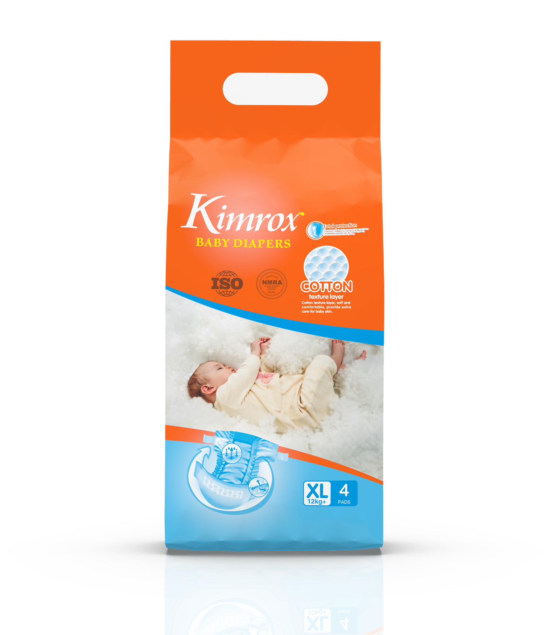 Kimrox baby diapers bulk pack, orange top with blue base and front size badge