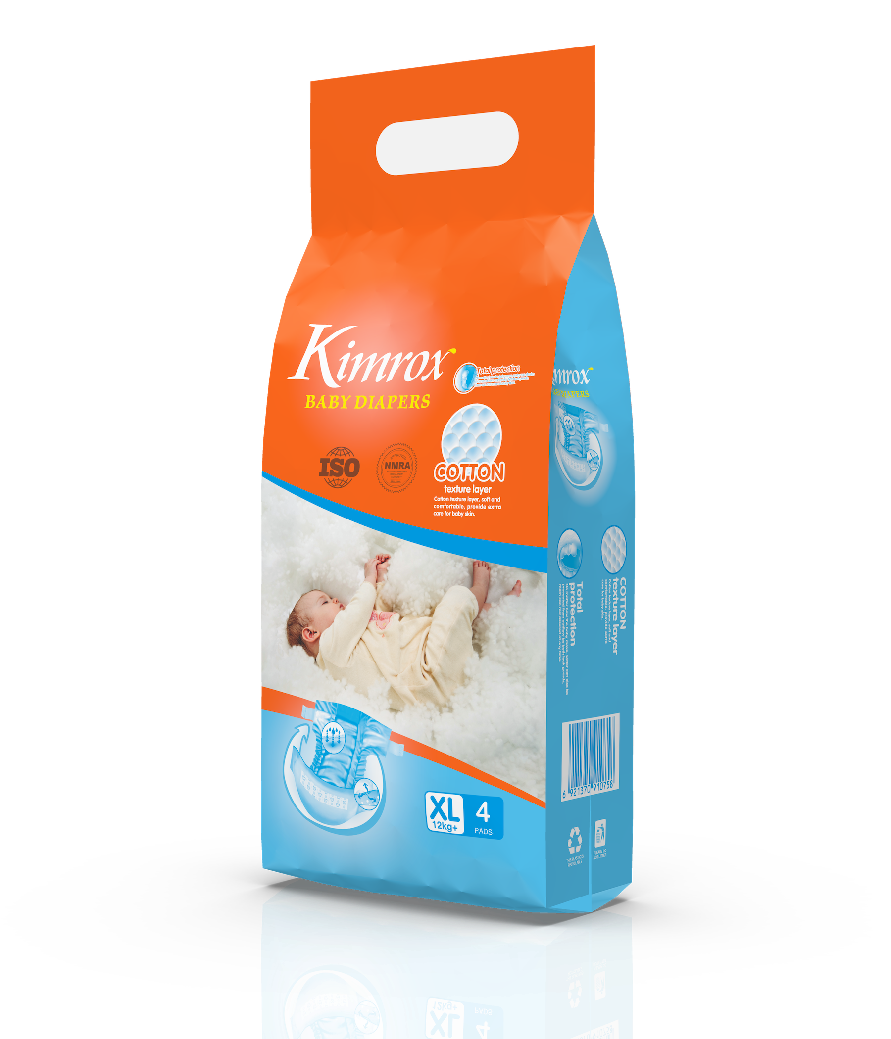 Kimrox baby diapers bulk pack angled view, orange top and blue side label