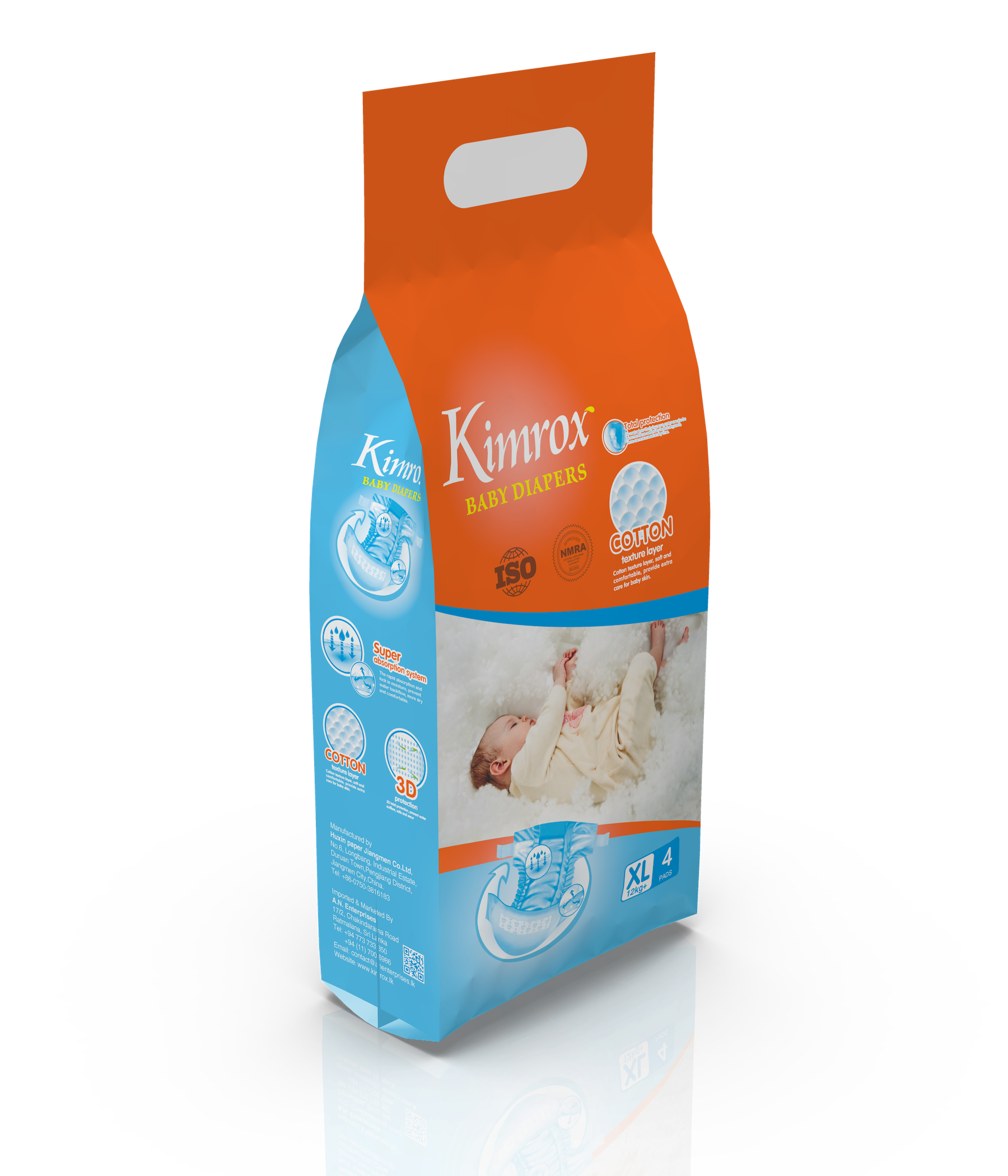 Kimrox baby diapers bulk pack, orange top with blue side and front window handle