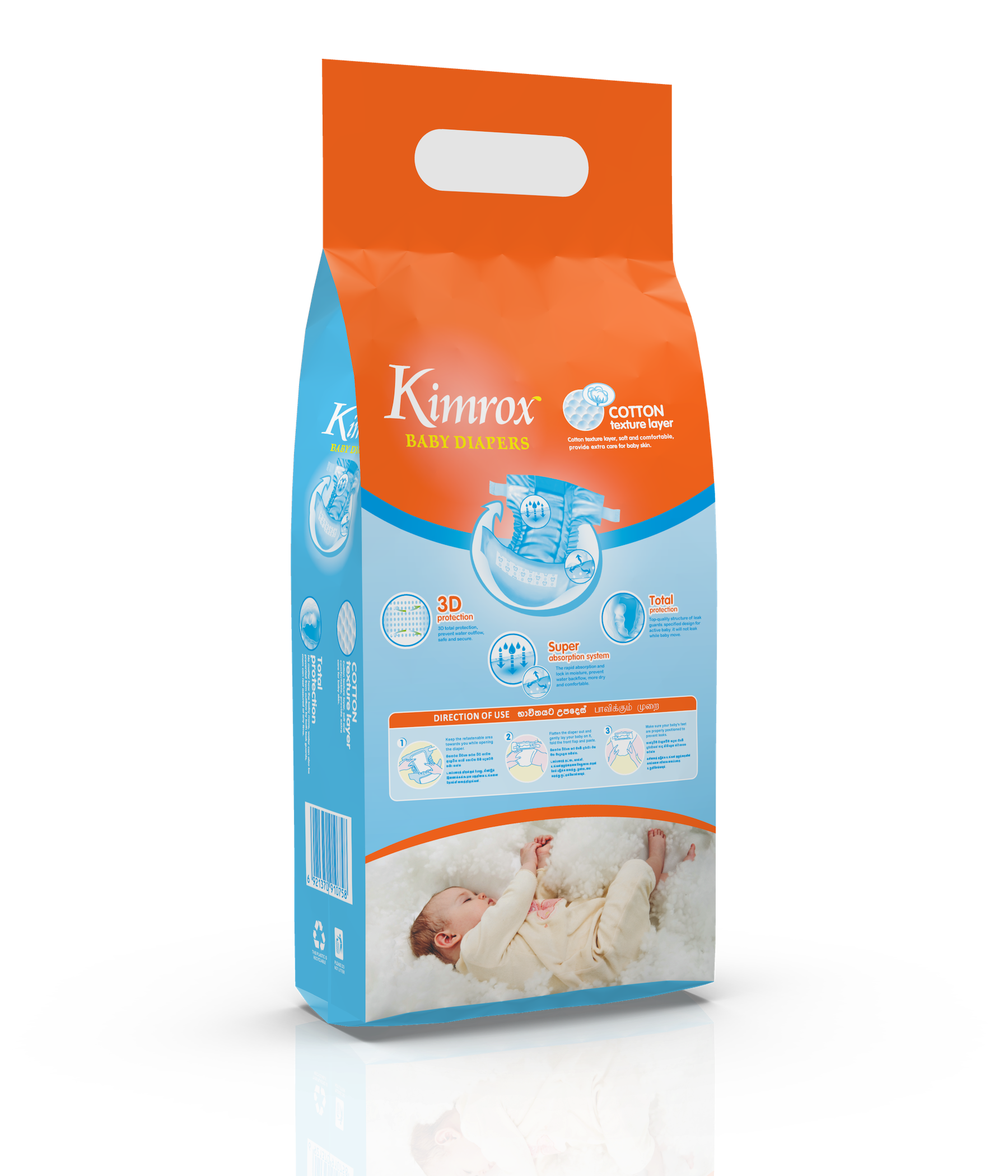 Kimrox baby diapers bulk pack front view, orange top and blue back panel