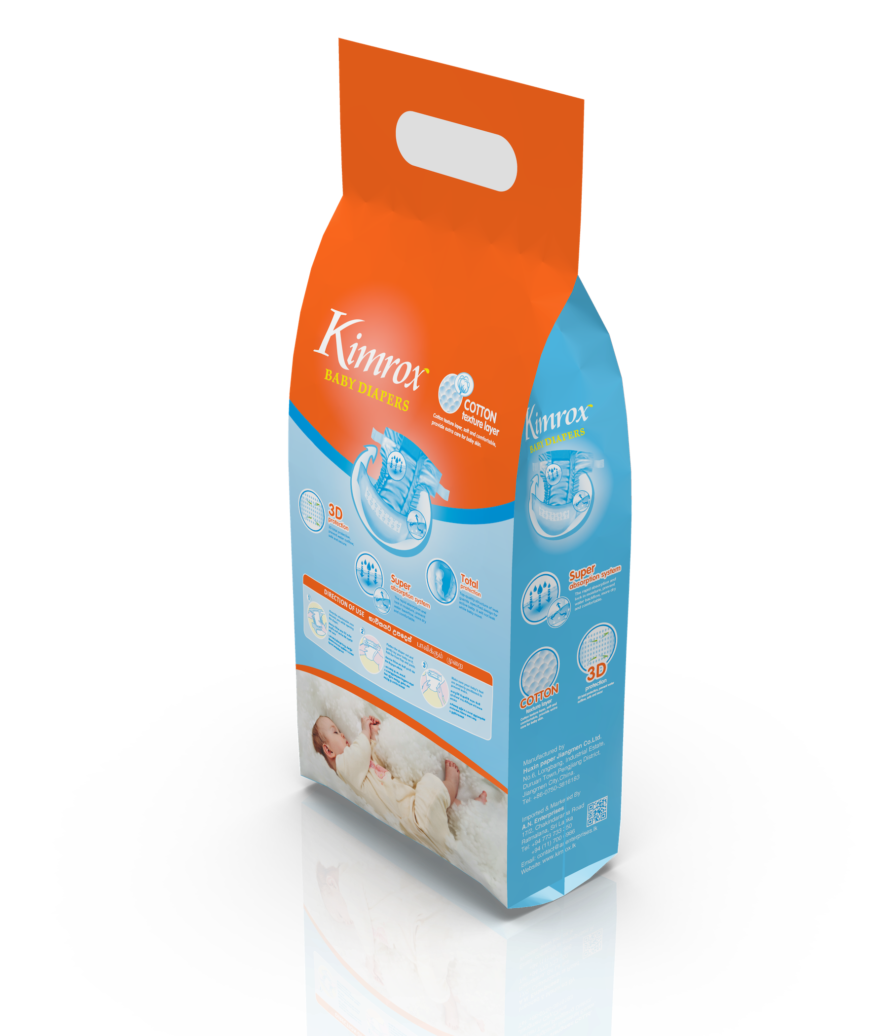 Kimrox baby diapers bulk pack angled side, orange top and blue informational panel