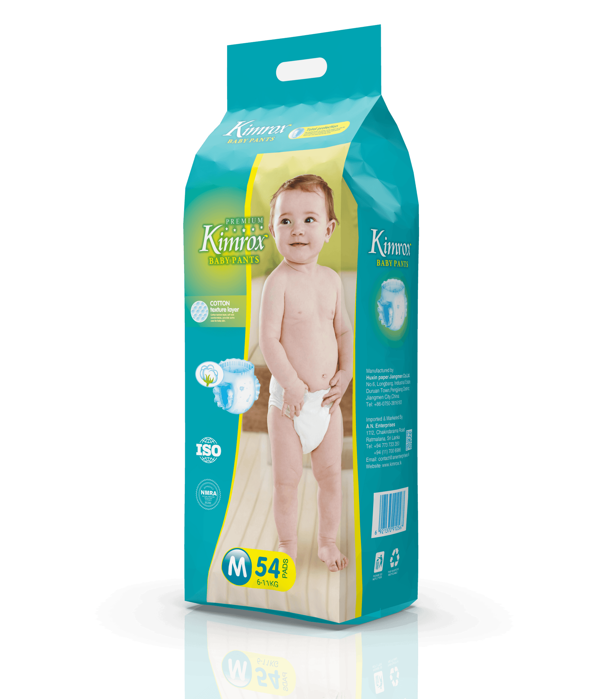 Teal baby pants bulk pack, side view with size W label