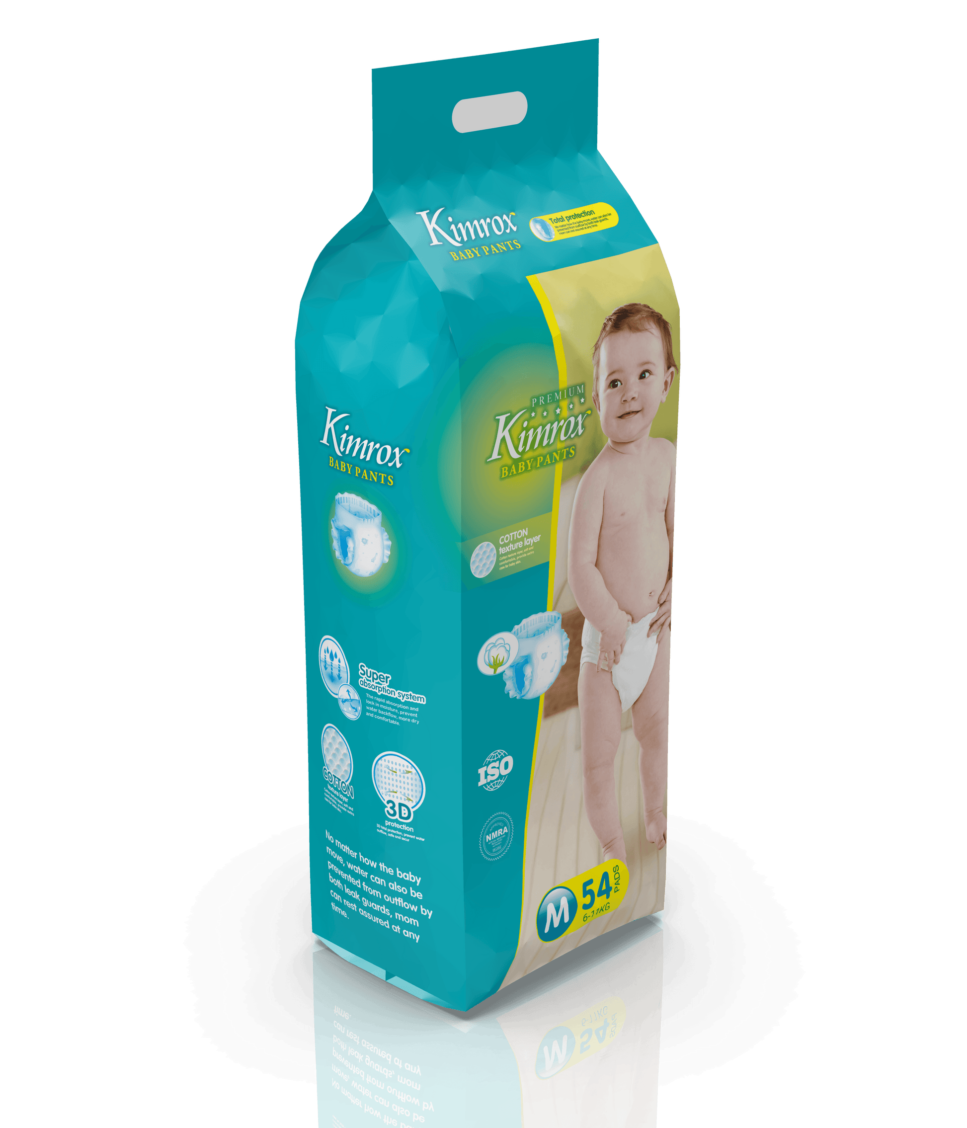 Teal baby pants bulk pack, angled side with size M (6–11kg)
