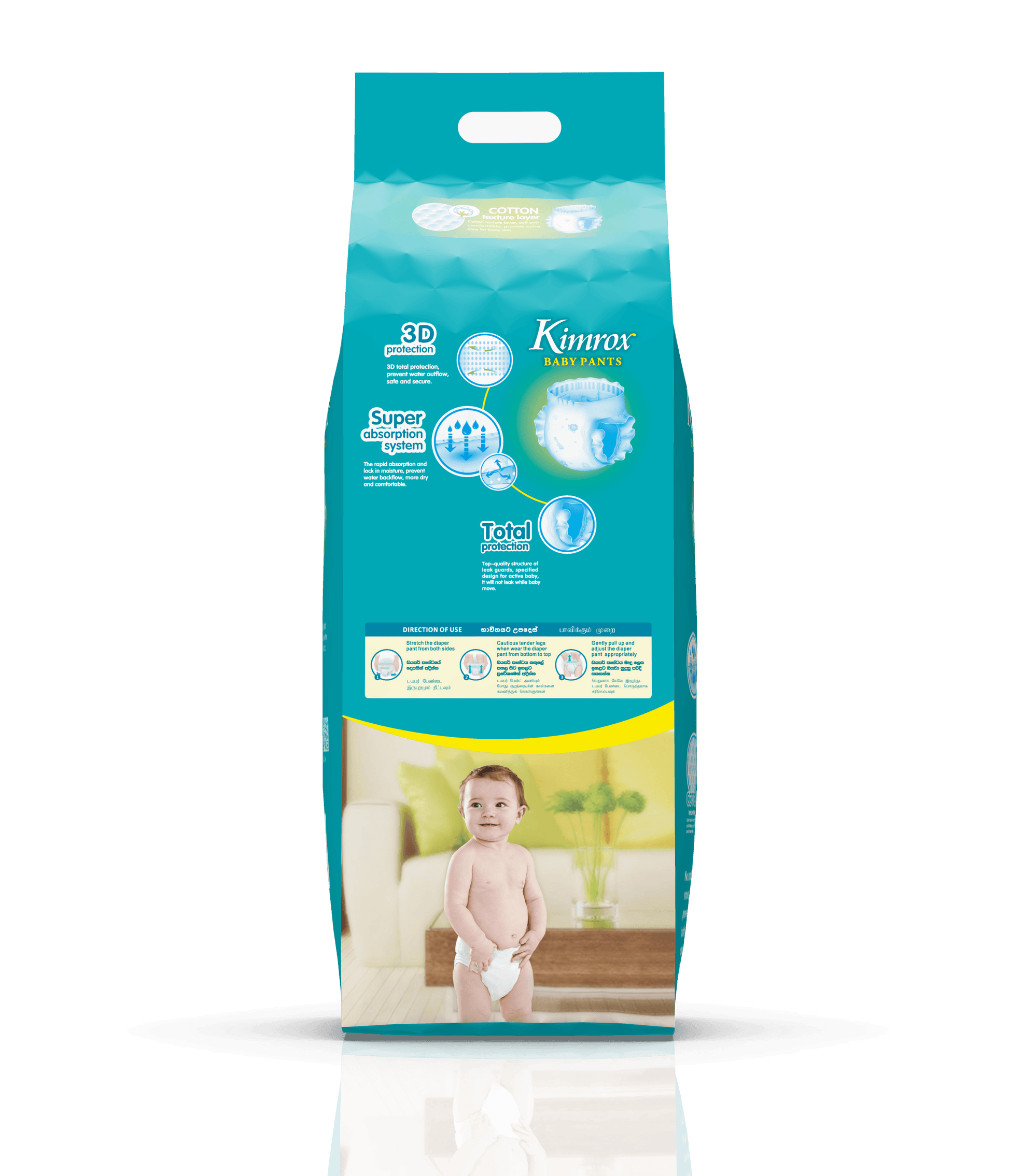 Teal baby pants bulk pack, back view with product details and baby photo
