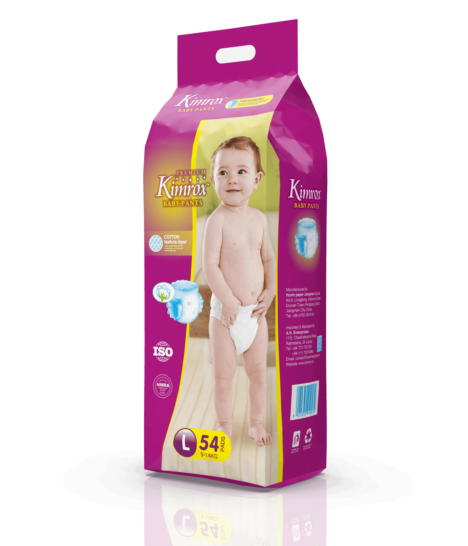 Purple baby pants bulk pack, side view with size W label