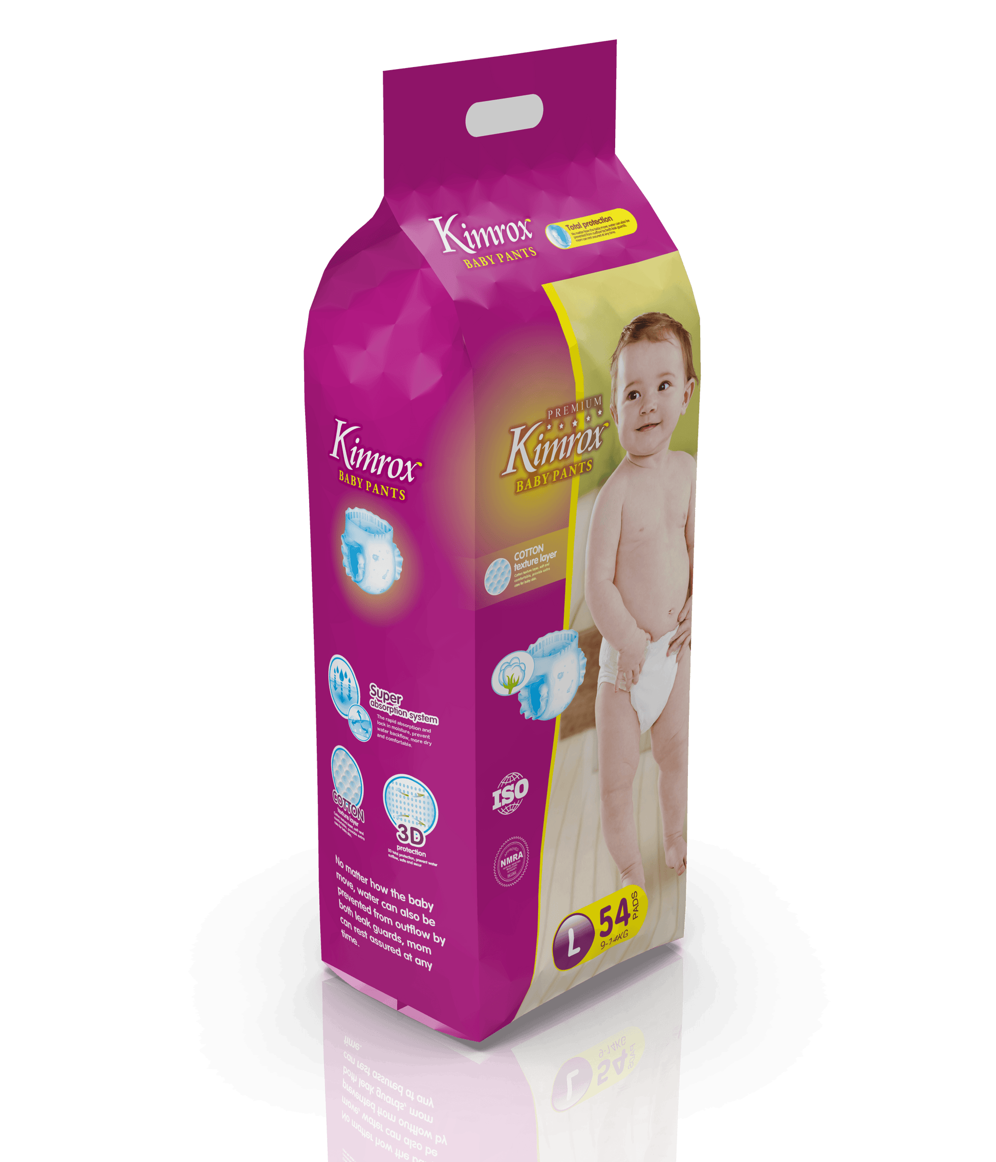 Purple baby pants bulk pack, angled side with size L (9–14kg)