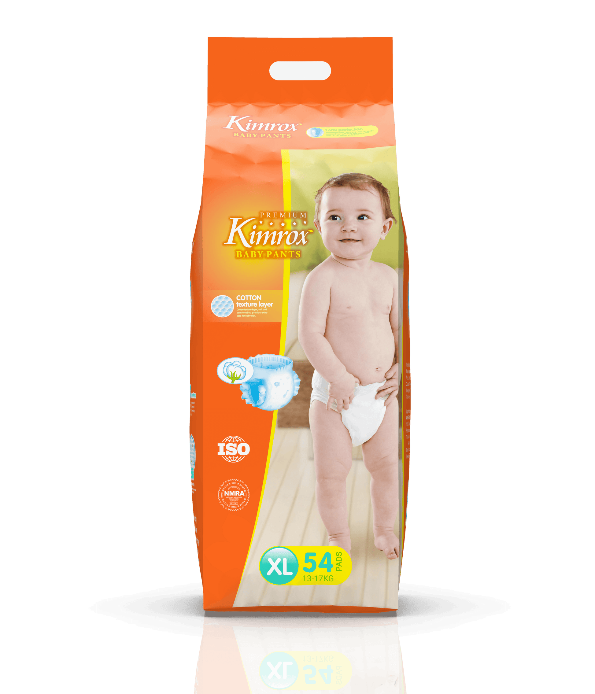 Orange baby pants bulk pack box with handle and child photo on front