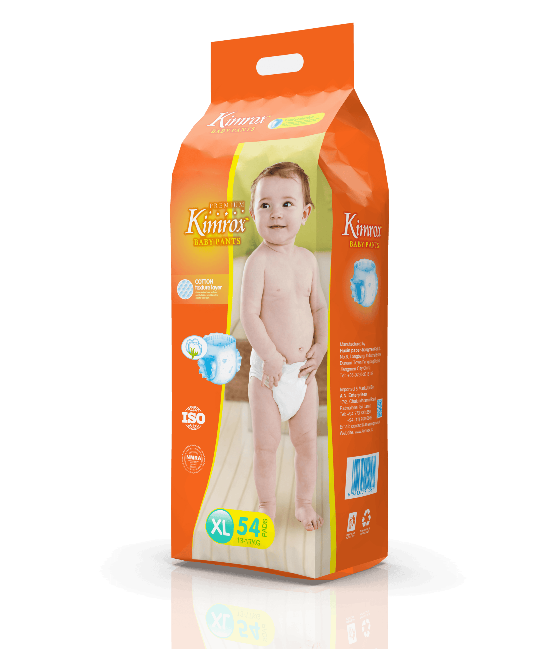 Orange baby pants bulk pack box, front view with sizing badge and logo