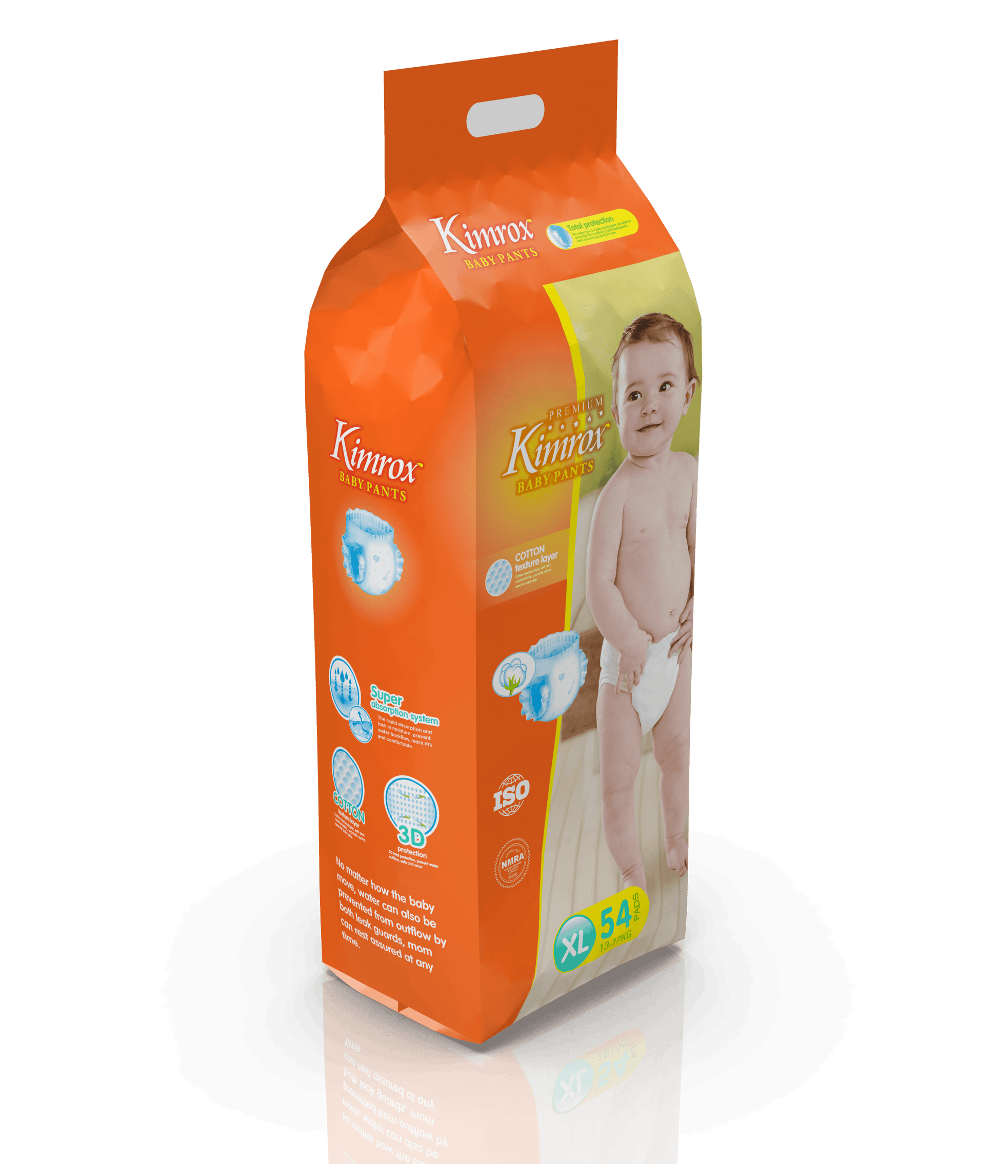 Orange baby pants bulk pack box with side front panels and child photo