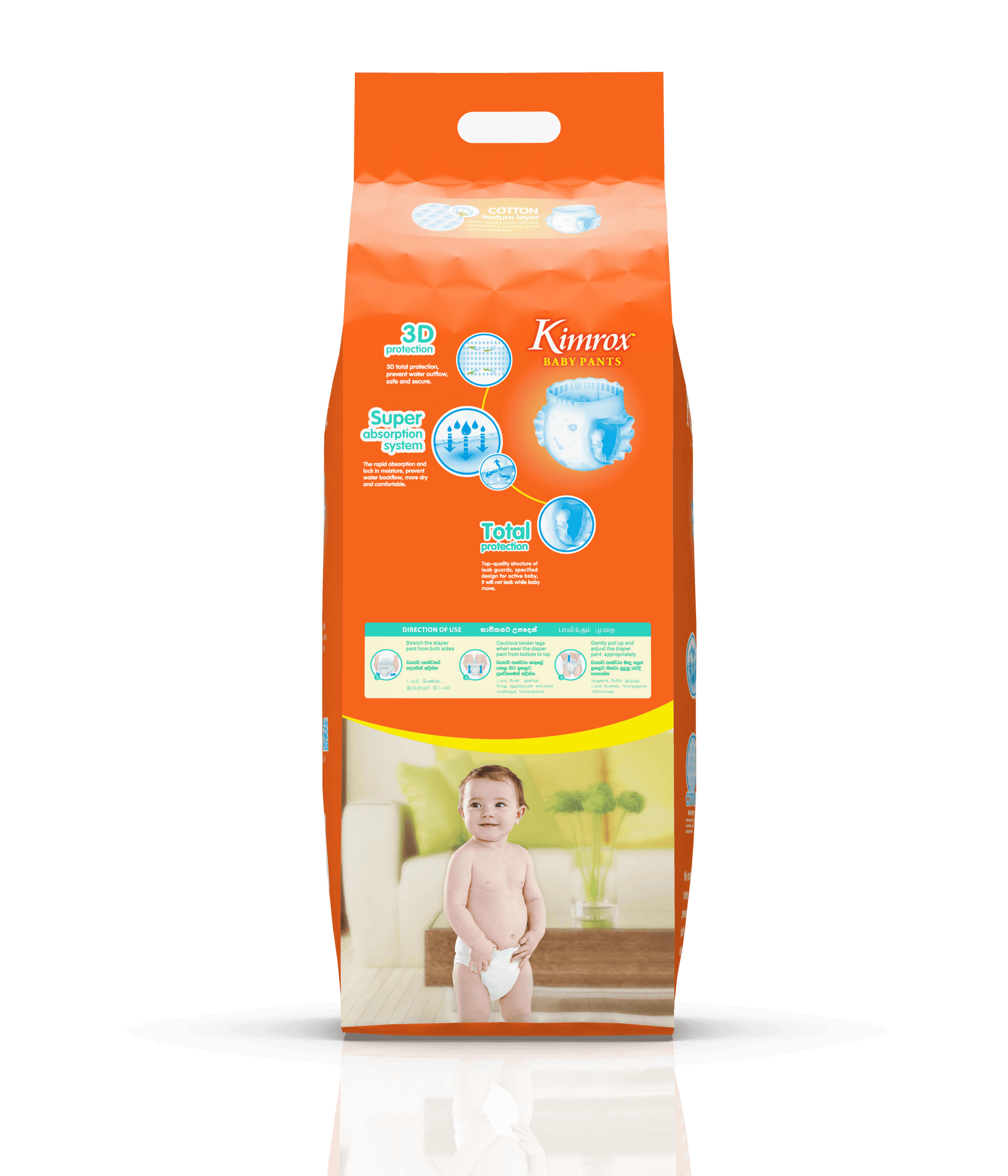 Orange baby pants bulk pack box, front panel with child photo and icons