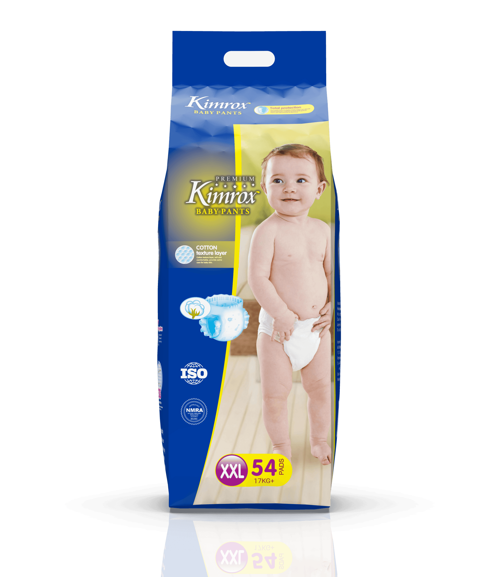 Blue baby pants bulk pack box, front view with sizing badge and icons