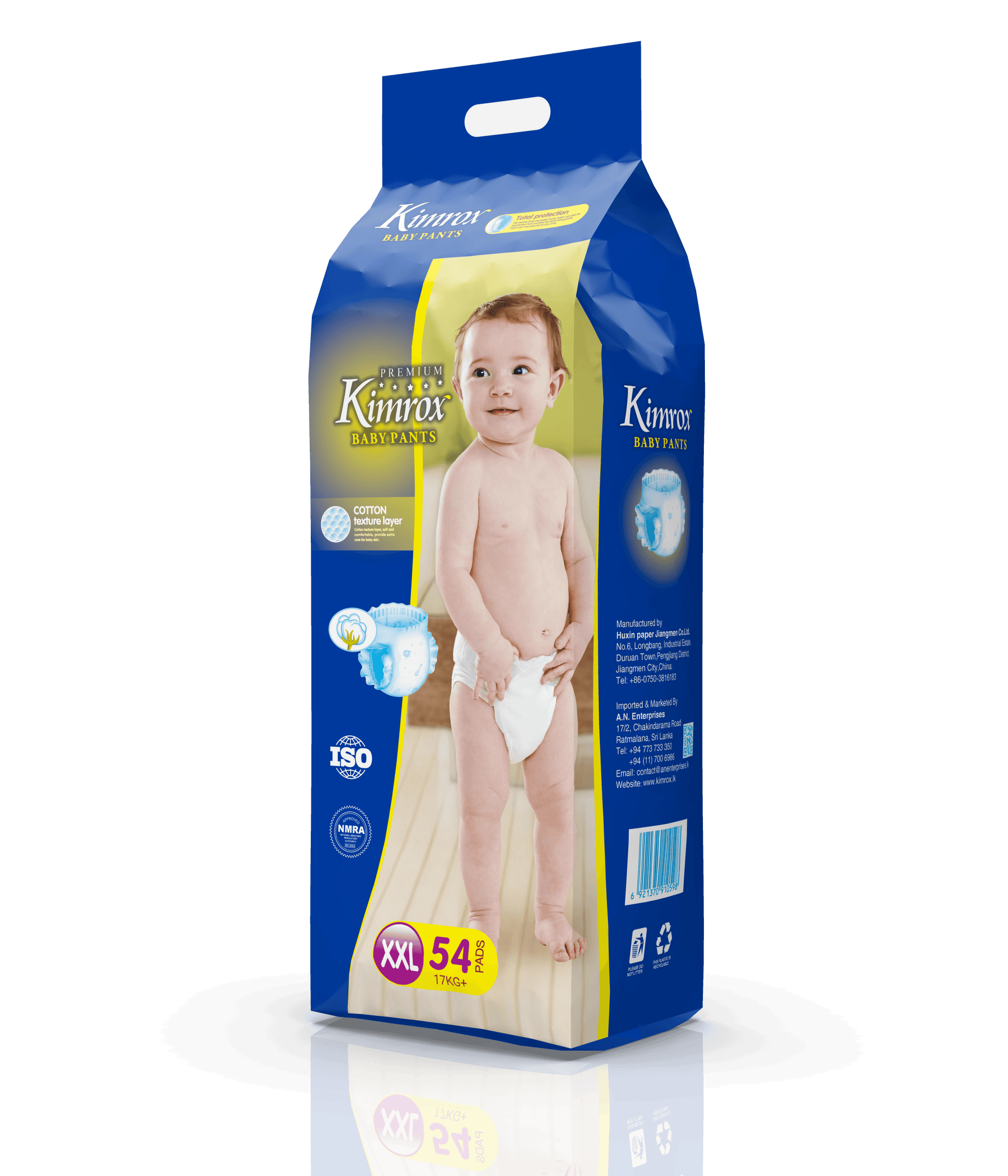 Blue baby pants bulk pack box with handle and child photo on front
