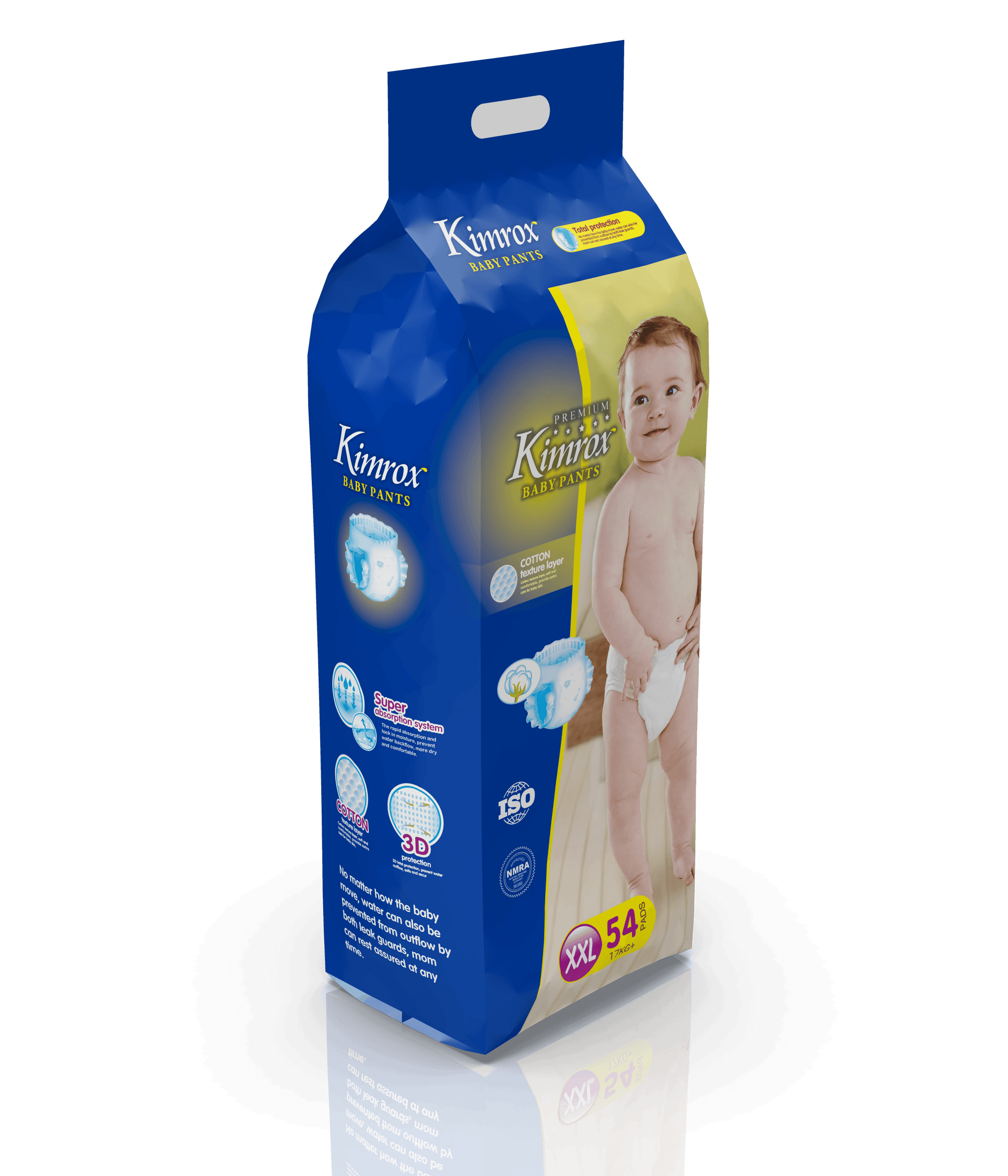 Blue baby pants bulk pack side panel with baby photo and product badges
