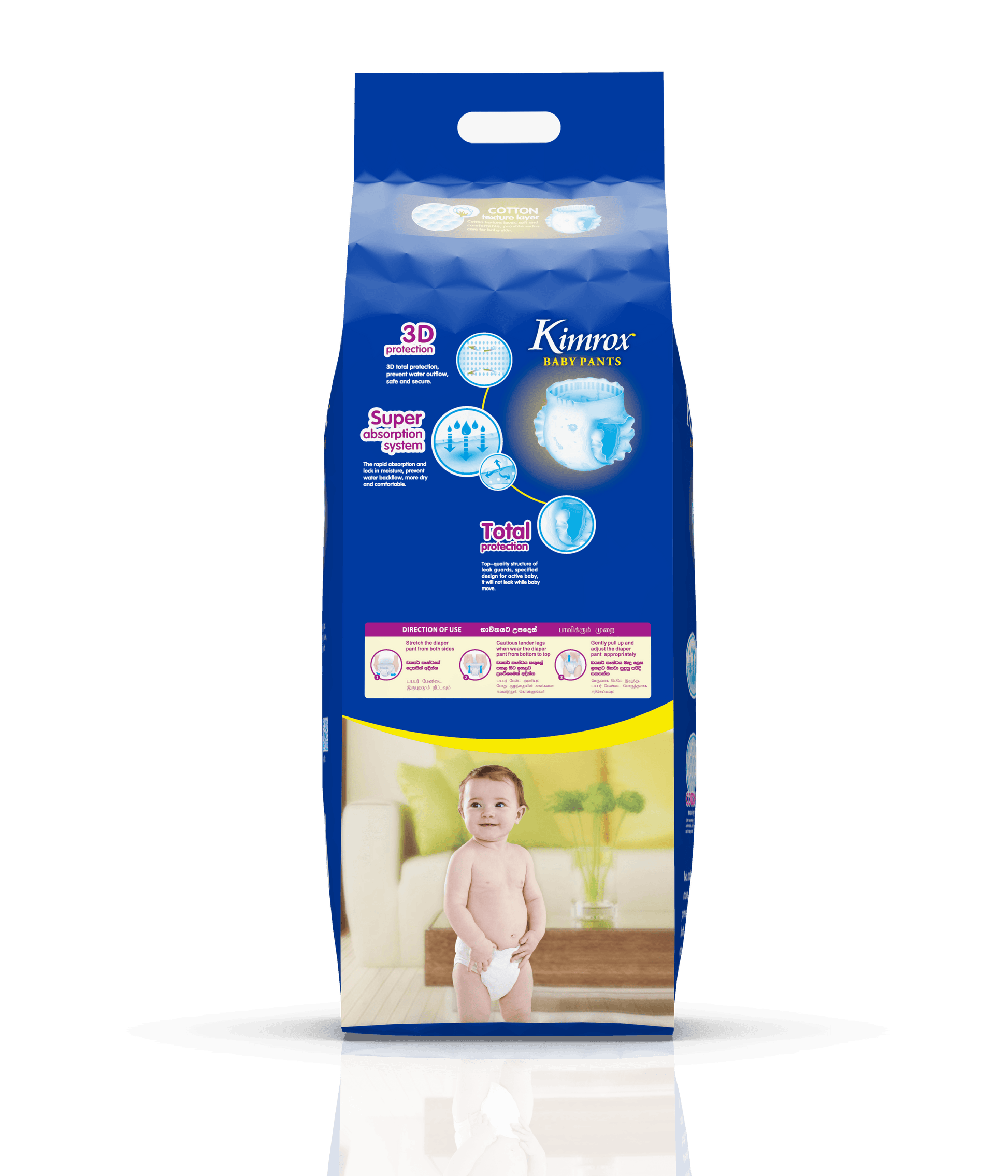 Blue baby pants bulk pack front with yellow stripe, handle, and baby photo