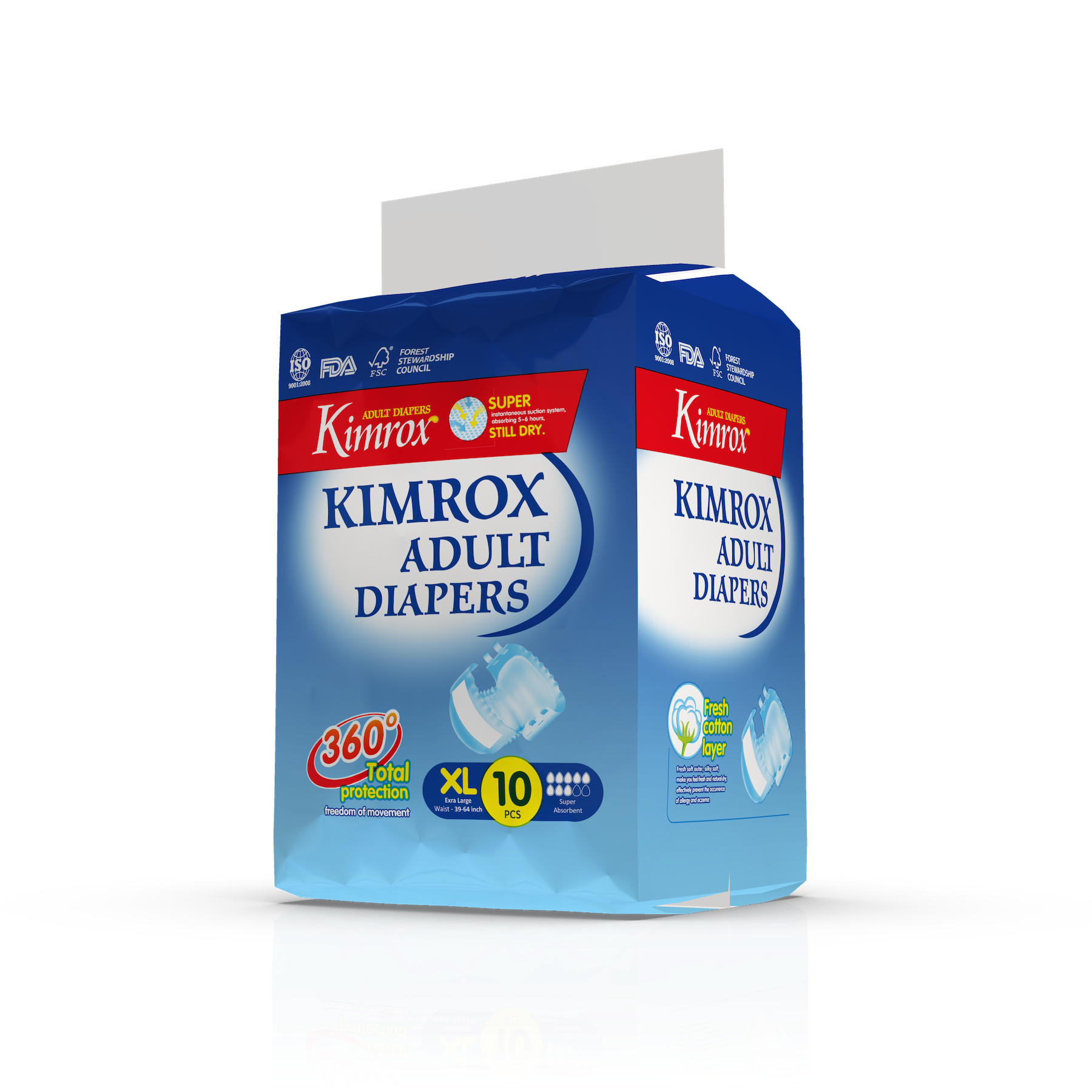 Adult diapers package, Kimrox blue box with front showing 360 total protection and 10 count