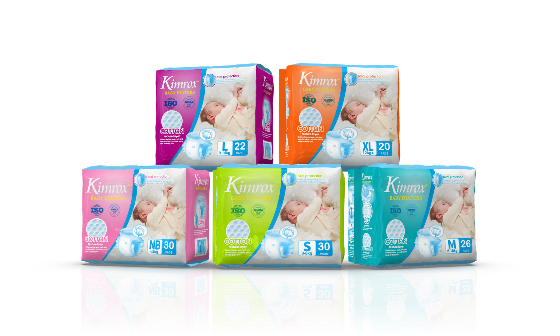 Assorted baby diaper multipack with mixed sizes and colors in box packs