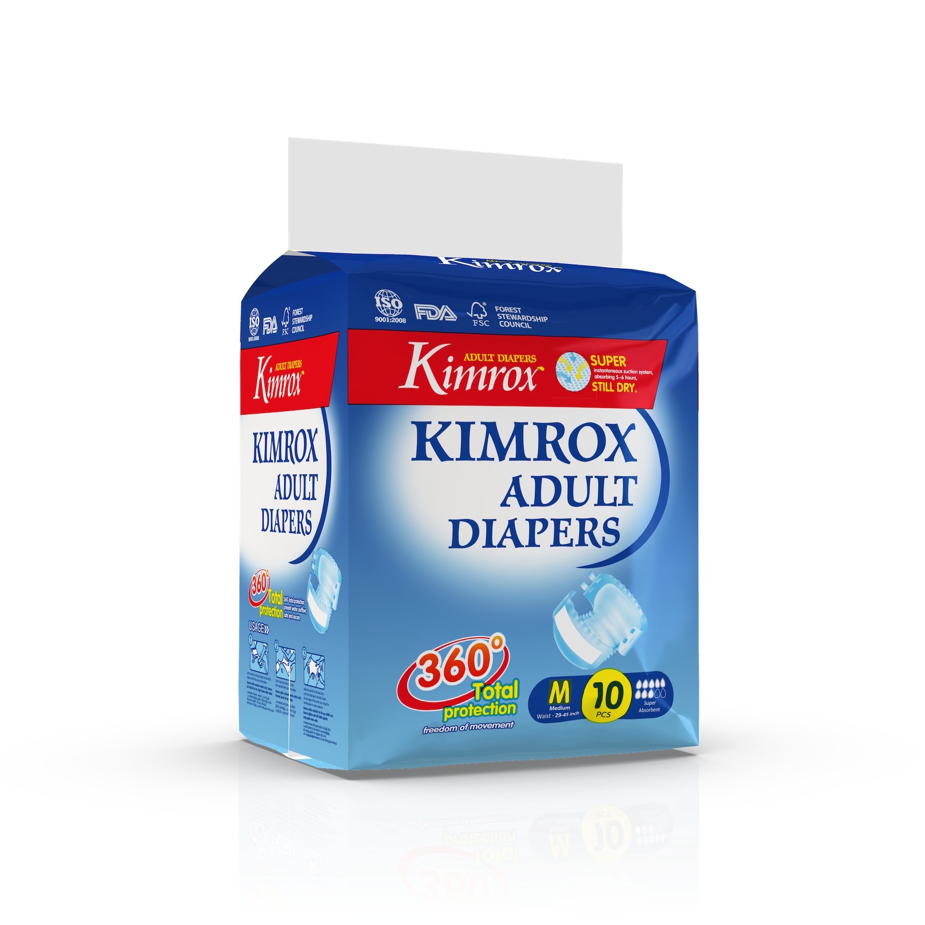 Adult diapers package, Kimrox blue box with white top flap and 360 total protection badge