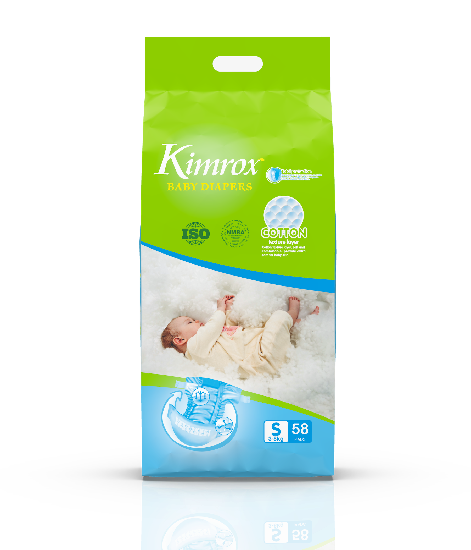 Baby diaper pack, green and blue, front label shows S 58 and cotton feature