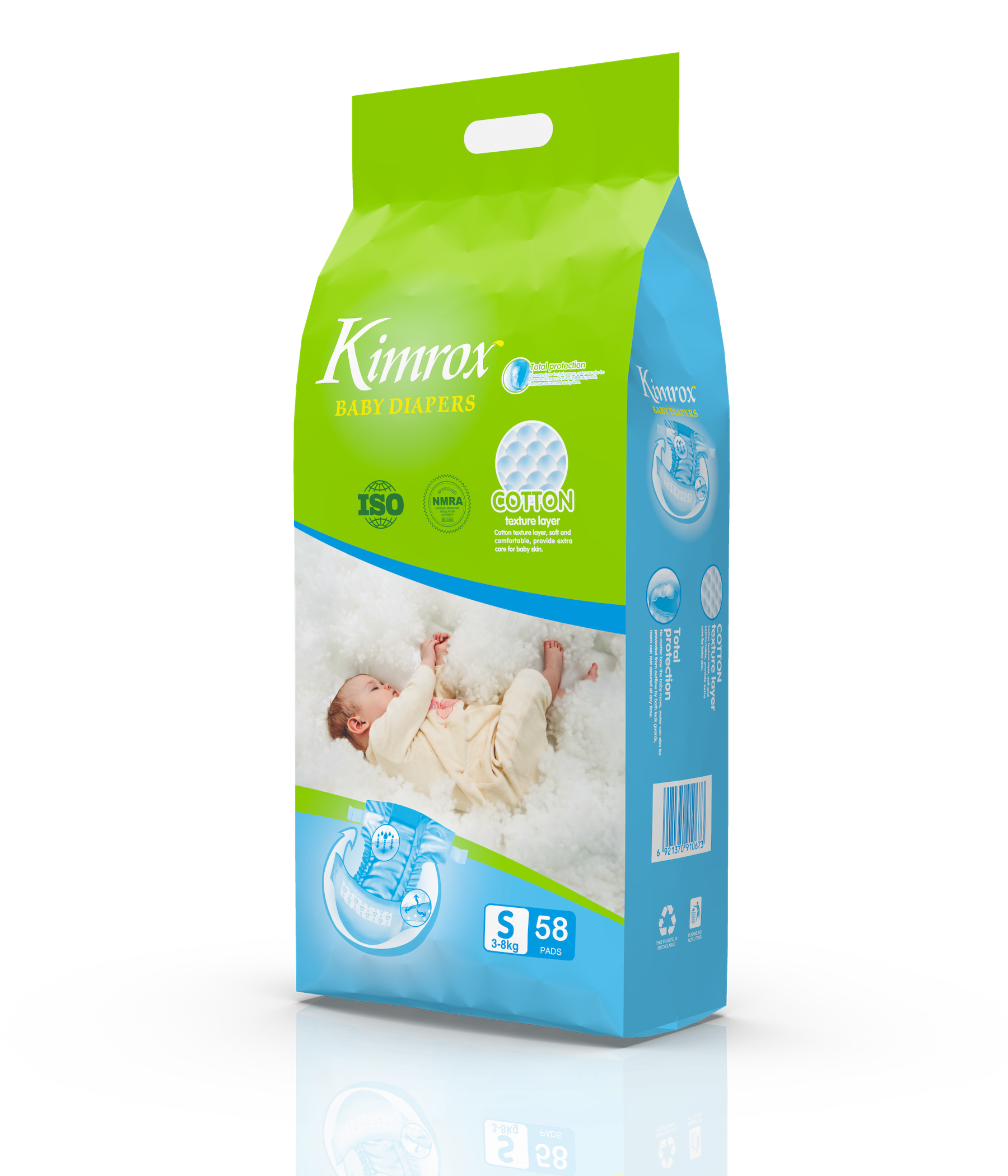 Baby diaper pack, green and blue, side view with sizing info and S 58