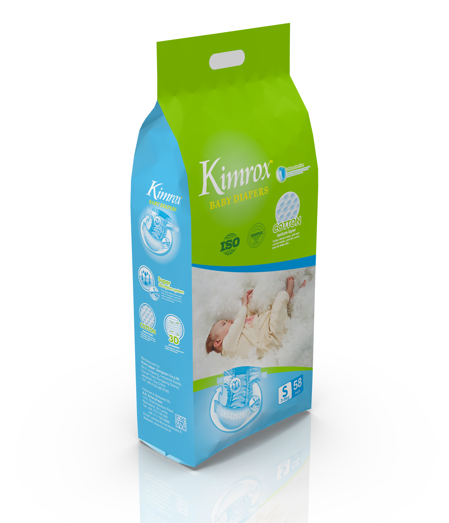 Baby diaper pack, green and blue, angled view with cotton and ISO badges