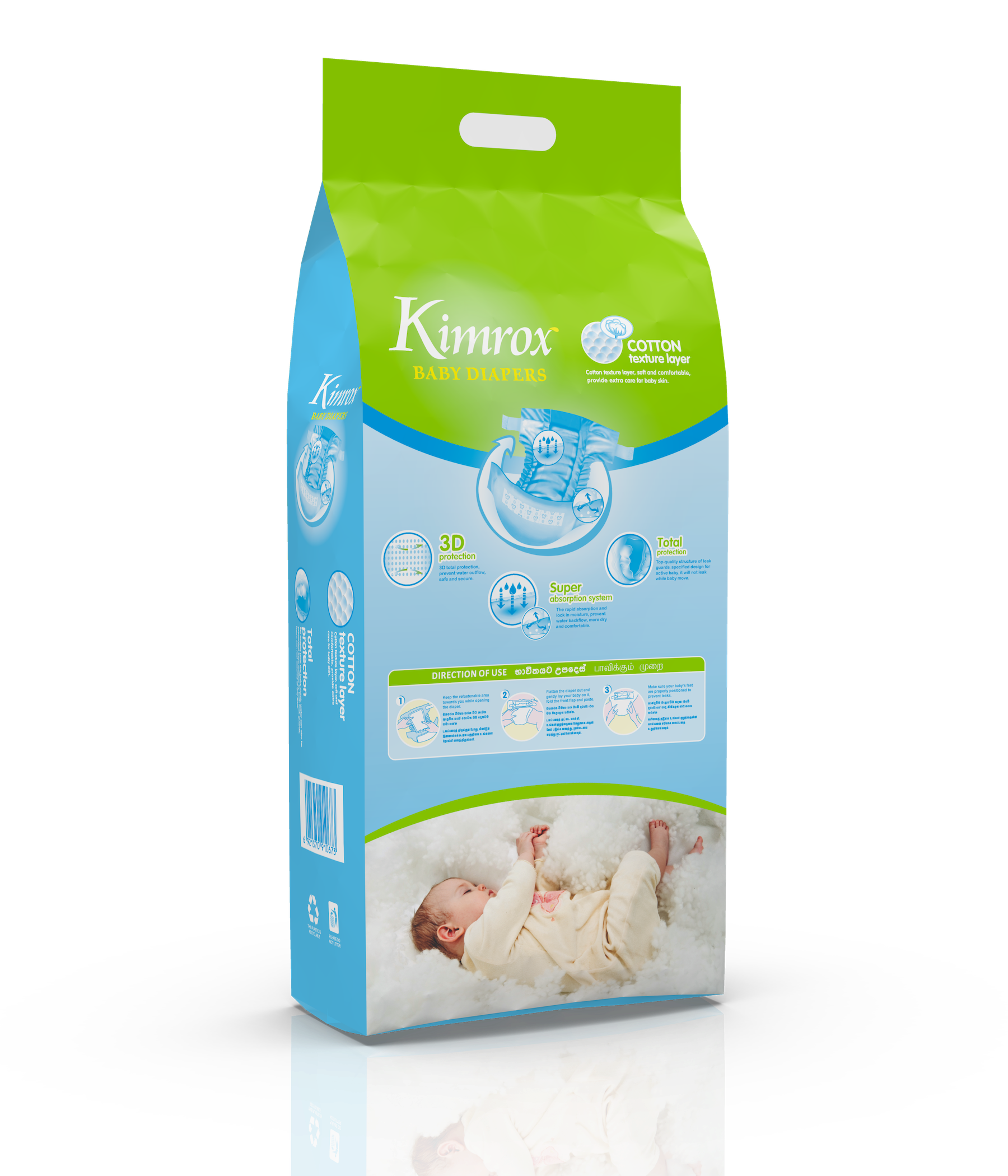 Baby diaper pack, green and blue, back panel with usage icons and baby photo