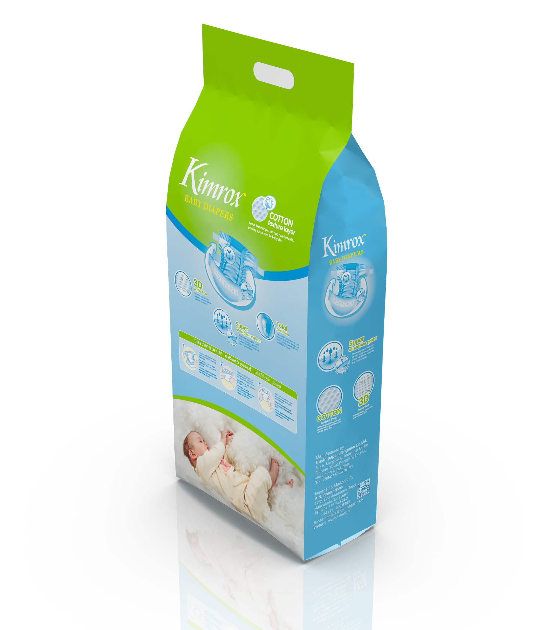 Baby diaper bulk pack with green and blue front panel, handle tab on top.