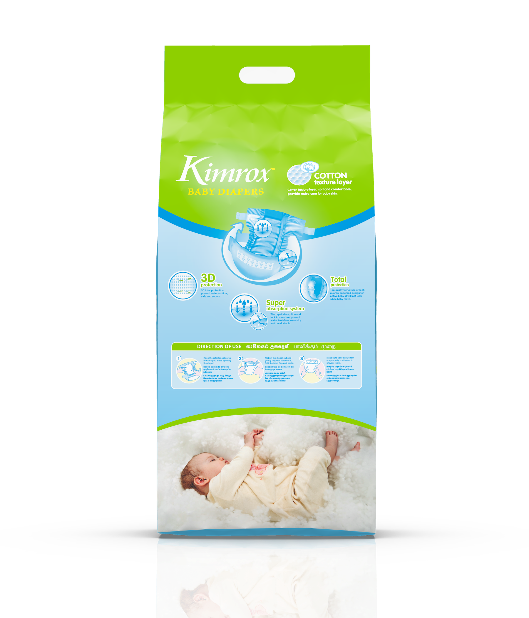 Baby diaper bulk pack with green top and blue label area, handle on top.