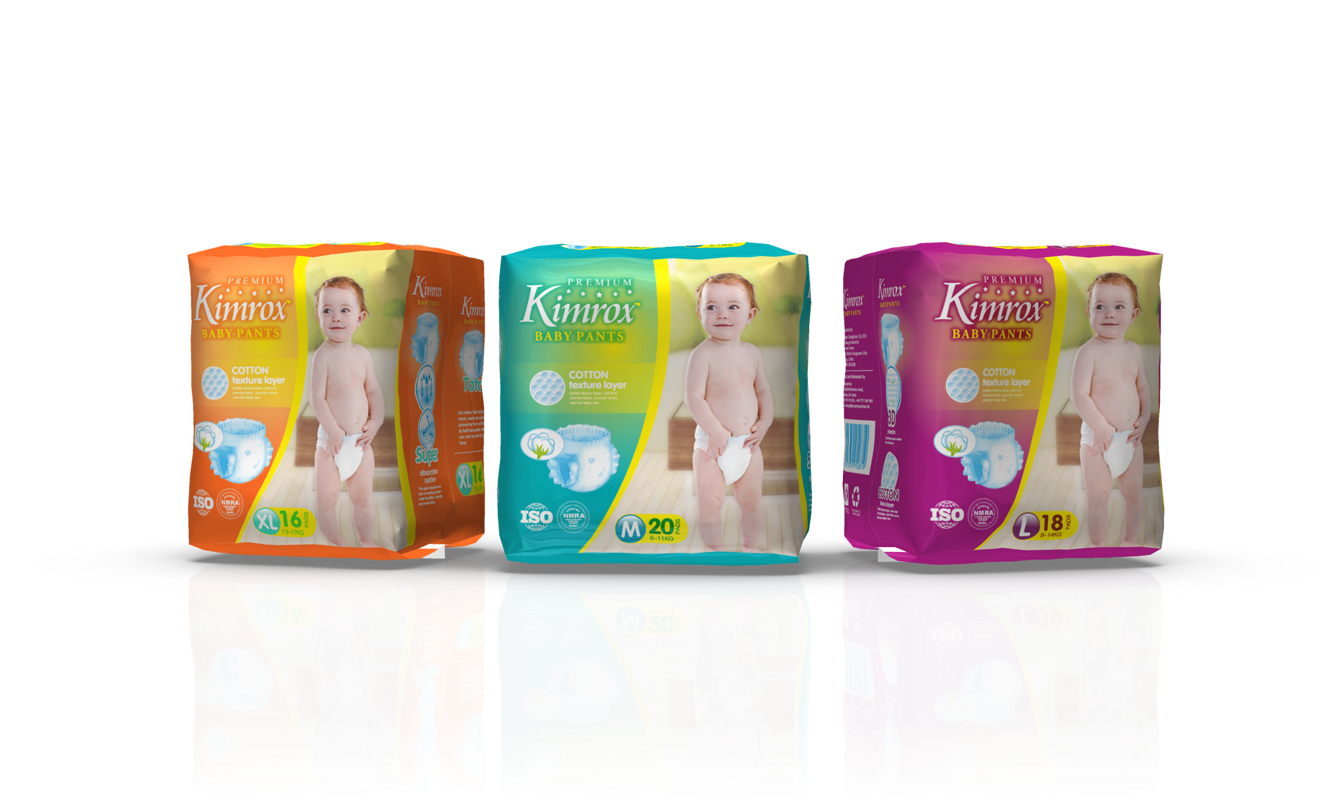 Baby pants multi-pack with orange, teal, green, and purple diaper packs, stacked.