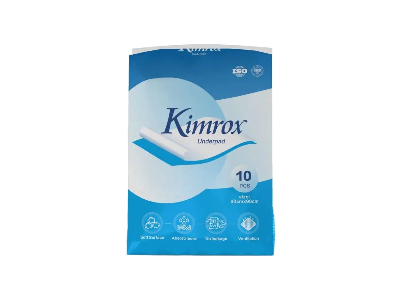 Kimrox underpad package, 10-count absorbent pads with soft surface