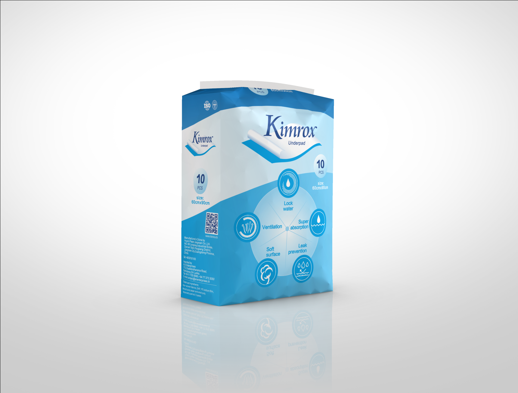 Kimrox underpads package with icons, 10 count