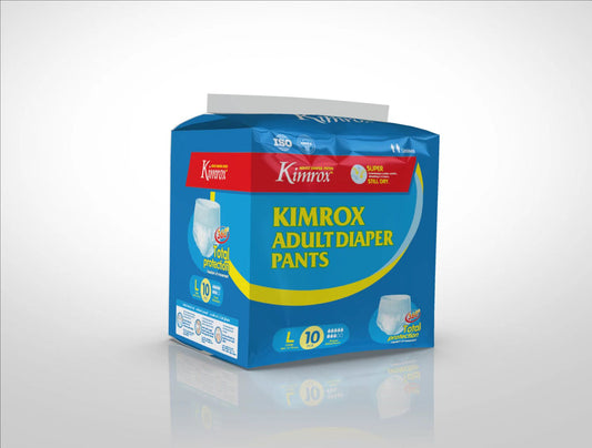 Adult pant: Kimrox adult diaper pants box, blue front with logo and size L