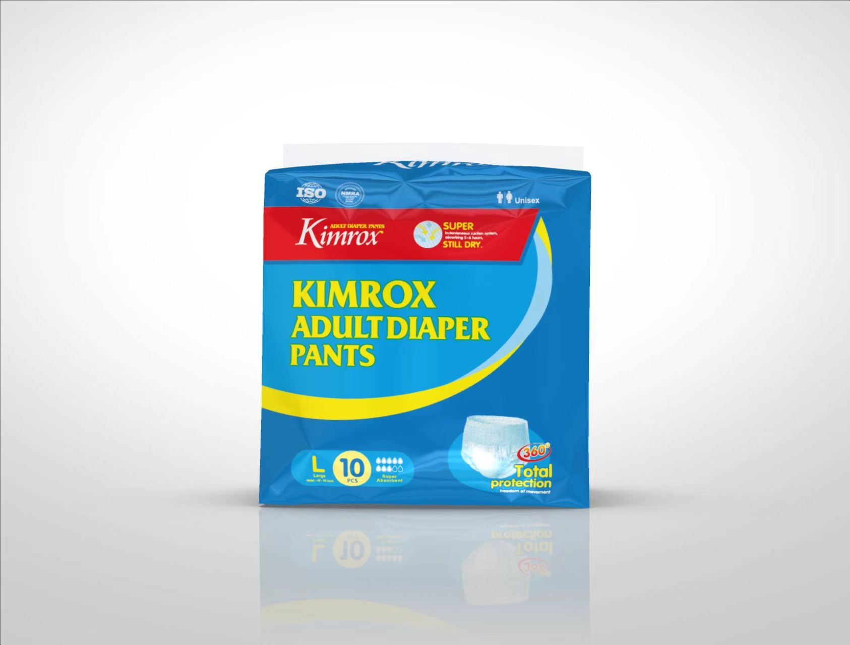 Adult pant: Kimrox adult diaper pants box, blue front with size L and protection icon
