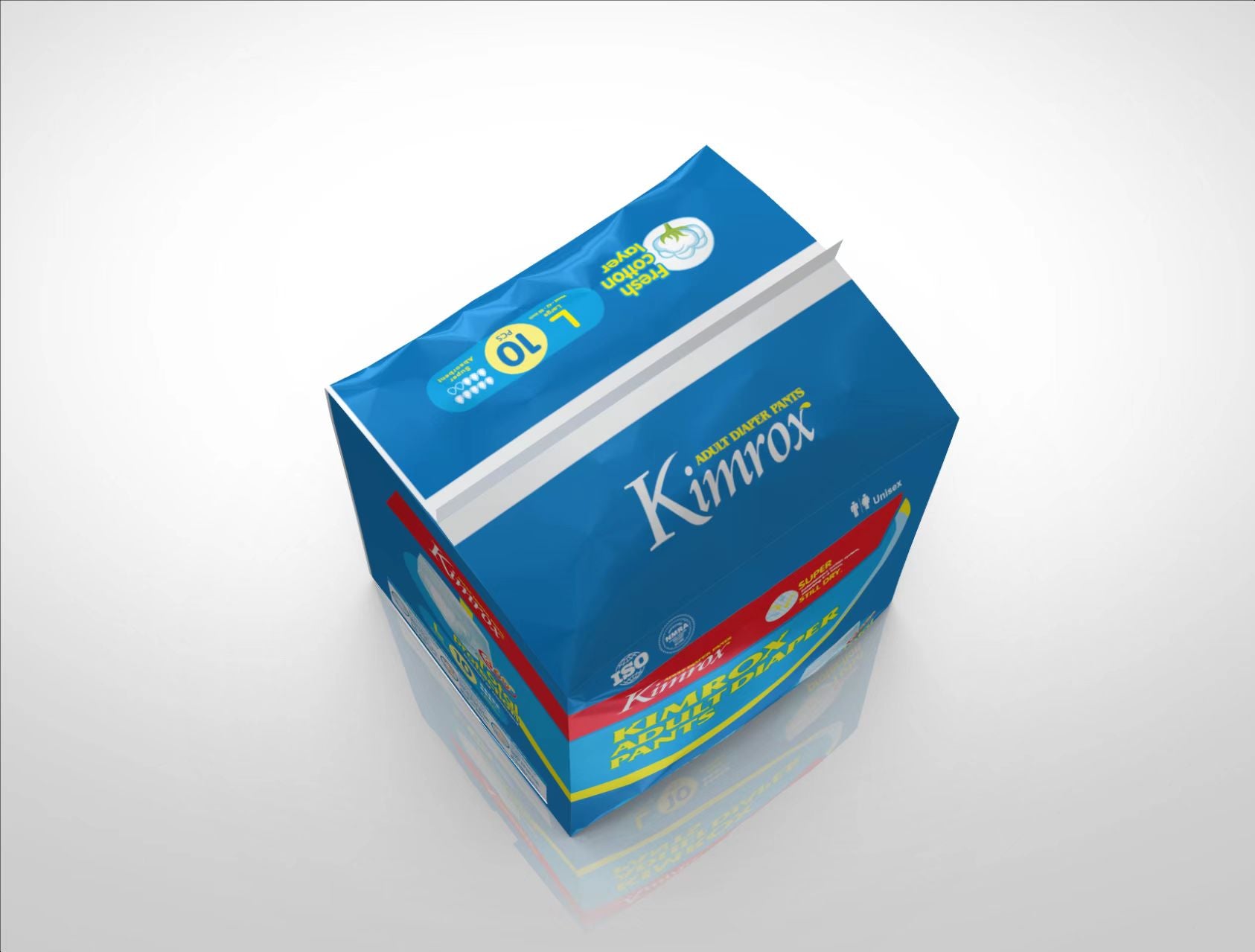 Adult pant: Kimrox adult diaper pants box, angled view with Kimrox name on side