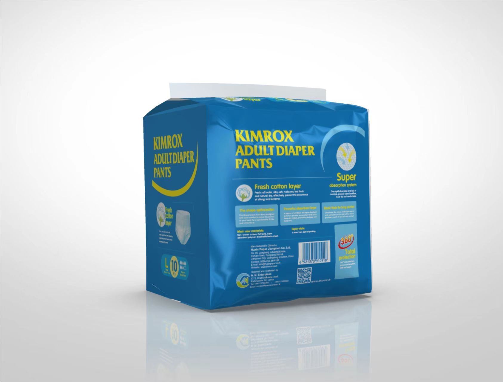 Adult pant: Kimrox adult diaper pants box, back panel text with size L and icons