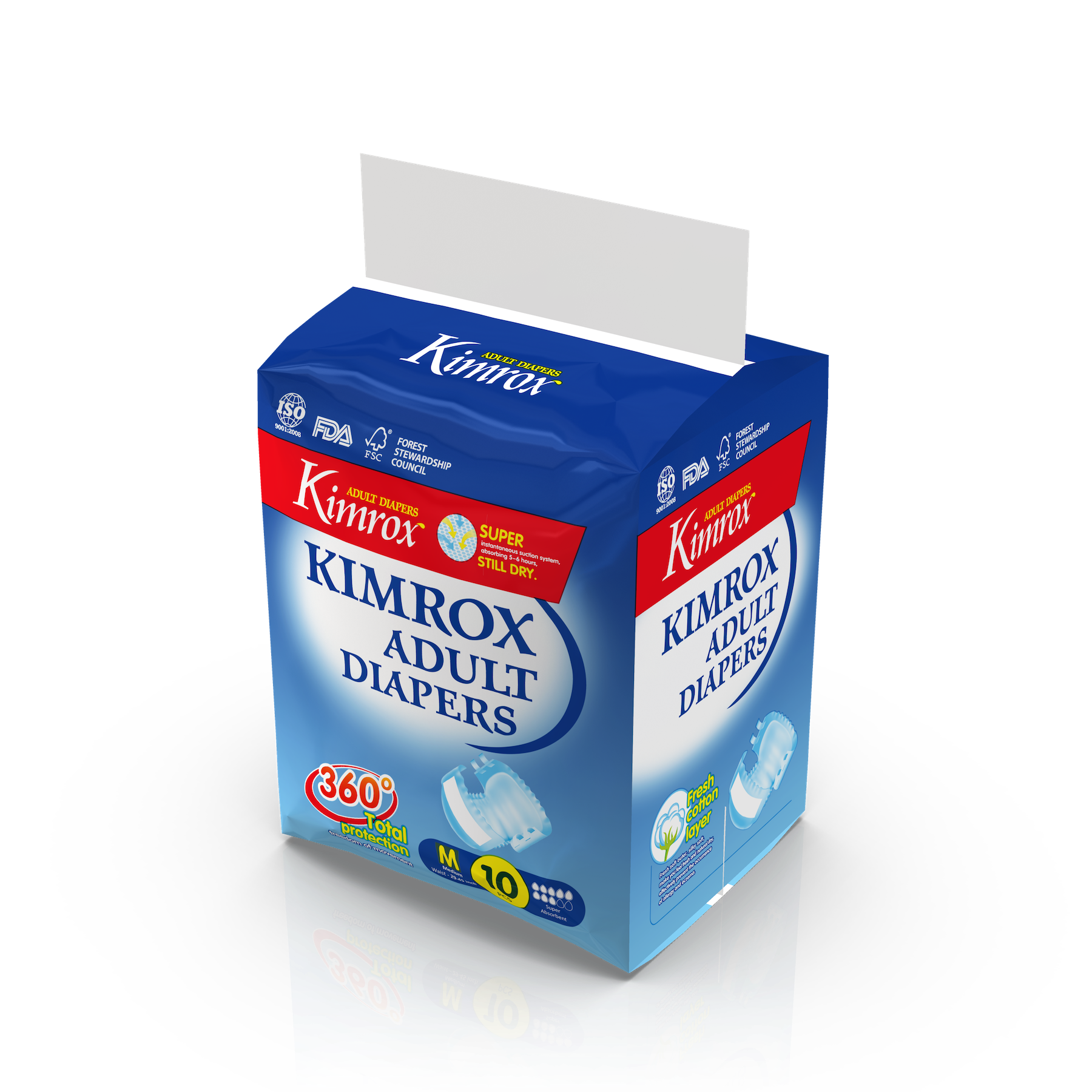 Adult diapers package, Kimrox blue box with side panel showing Kimrox and Adult Diapers