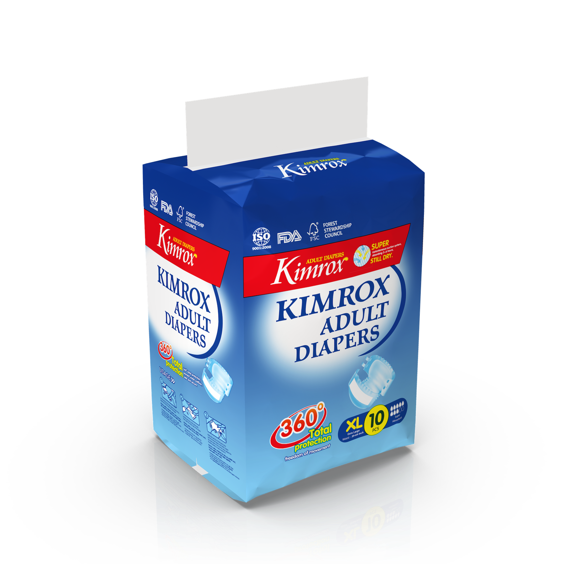 Adult diapers package, Kimrox blue box with front panel and 360 total protection graphic