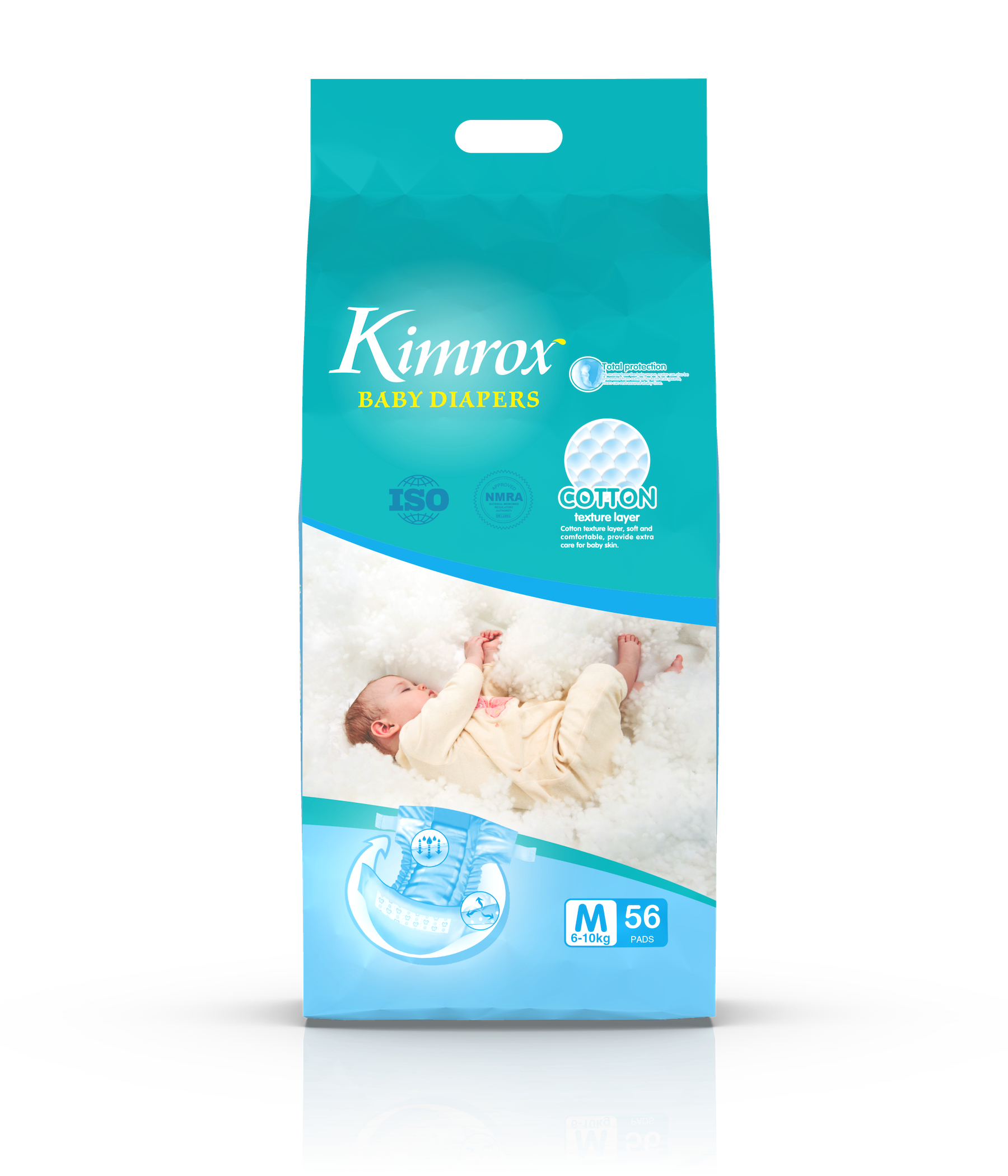 Baby diaper pack in teal and blue with cotton badge and size M 56 on front.