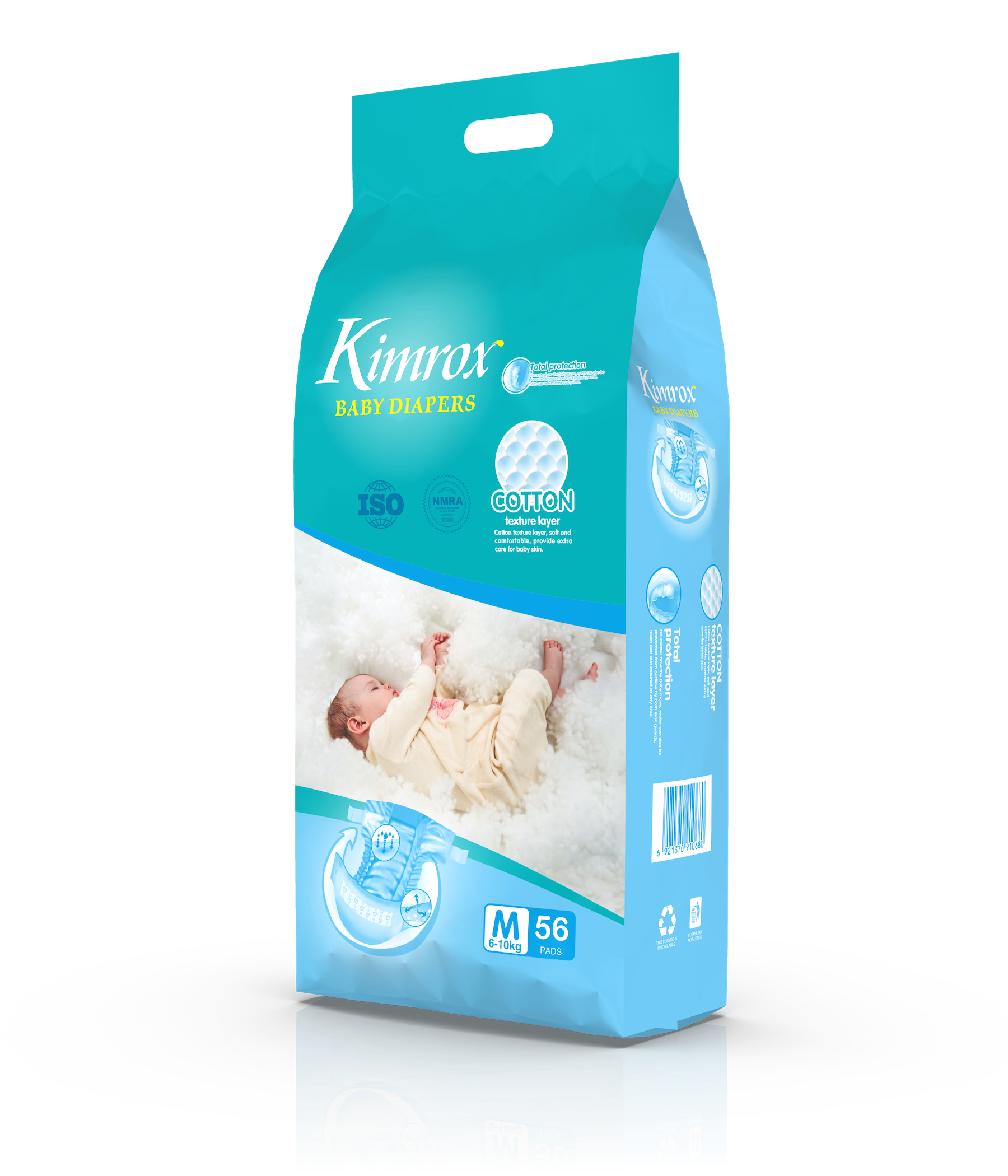 Baby diaper pack, teal front with blue side panel, size M 56 shown at bottom.