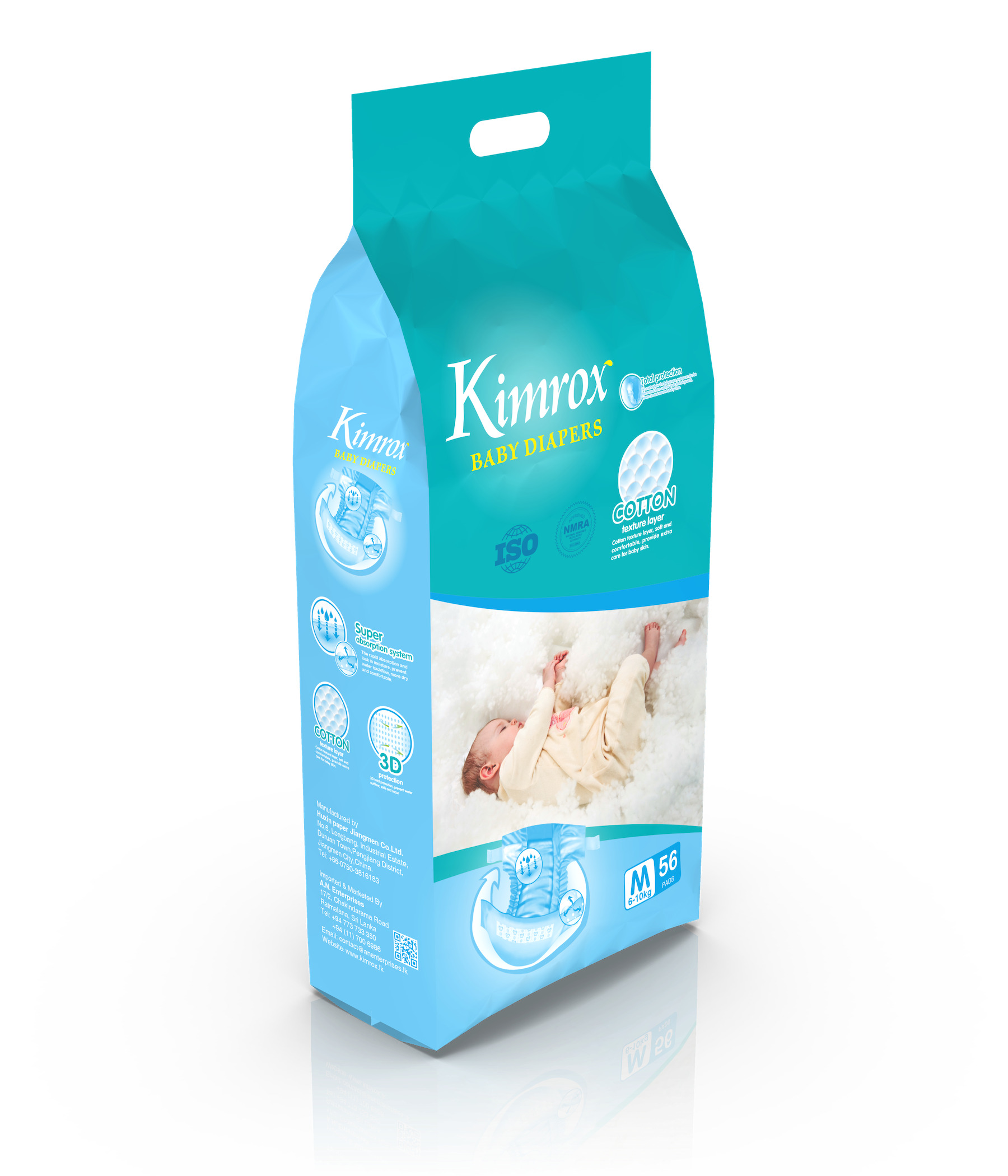 Baby diaper pack in teal with “Kimrox” branding and size M 56 at bottom.