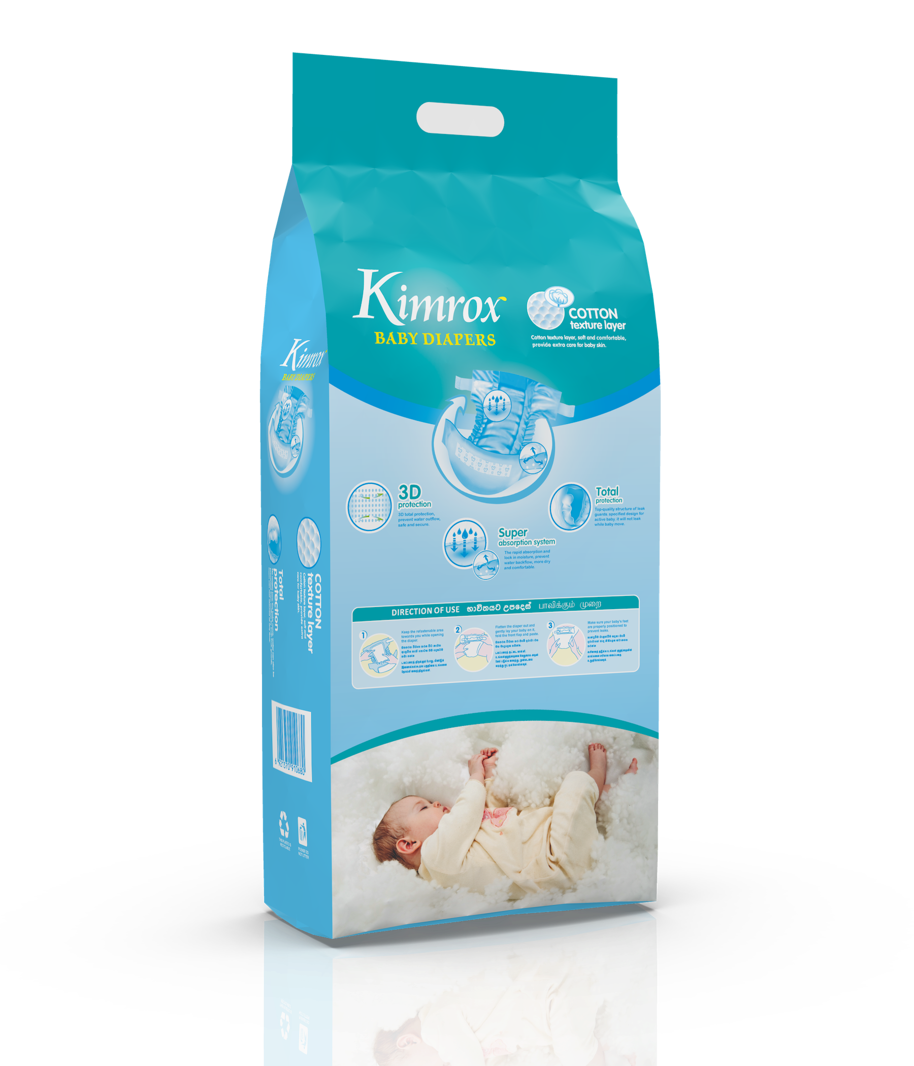 Baby diaper pack in teal and blue with “Kimrox” branding and feature icons on front.