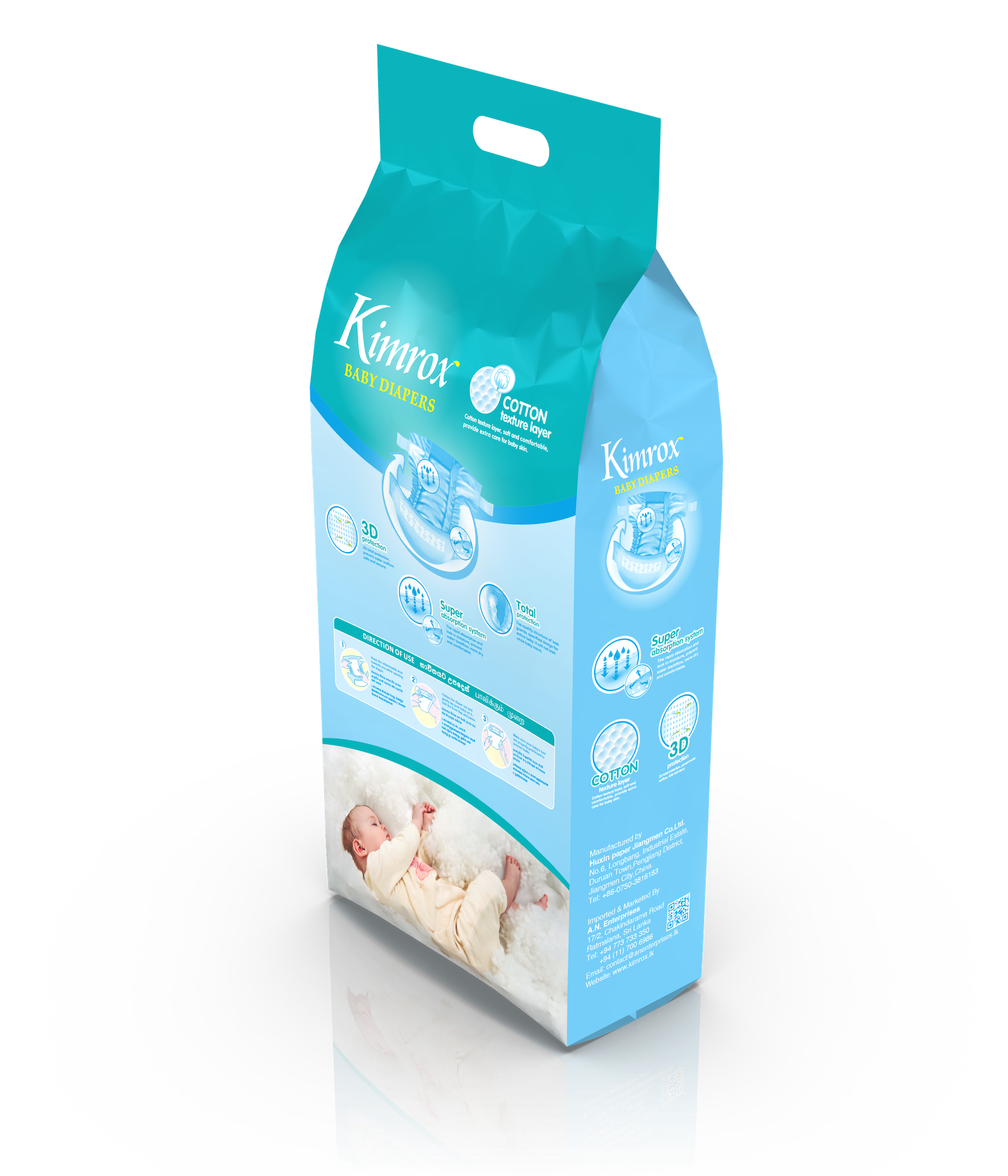 Baby diaper bulk pack with green top and blue body, handle tab on top center.