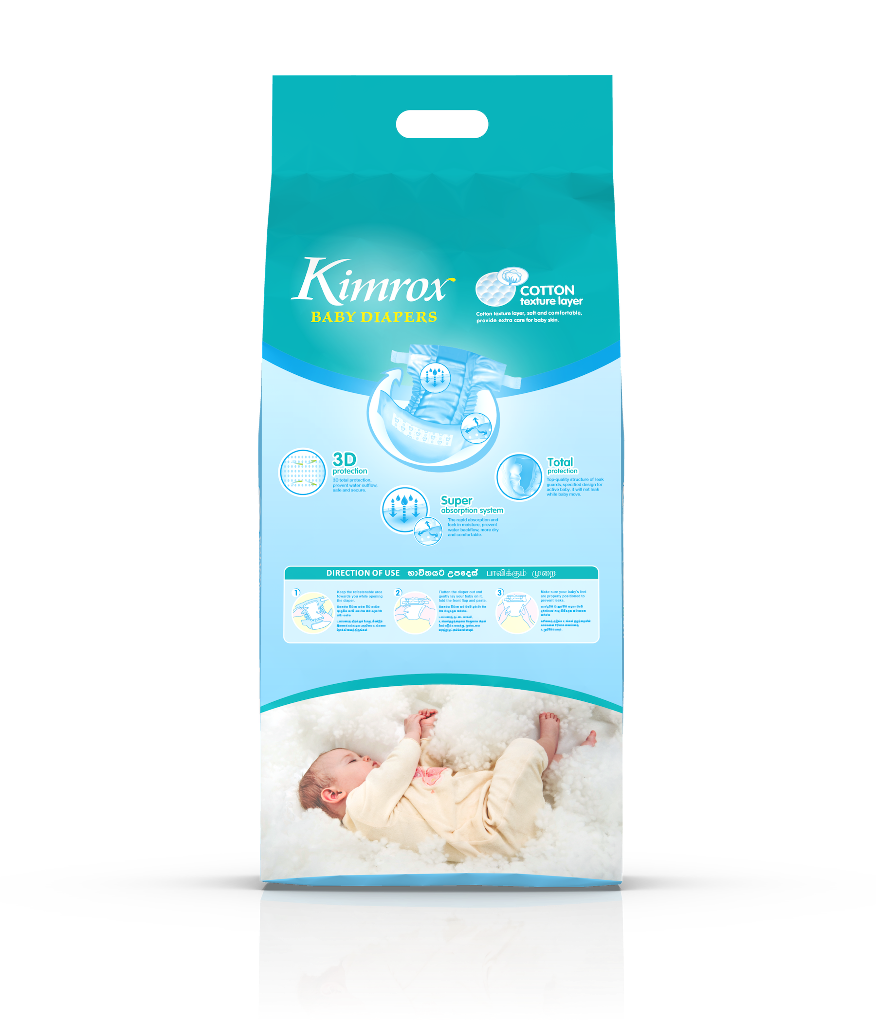 Baby diaper bulk pack with teal top and blue label area, handle tab on top.